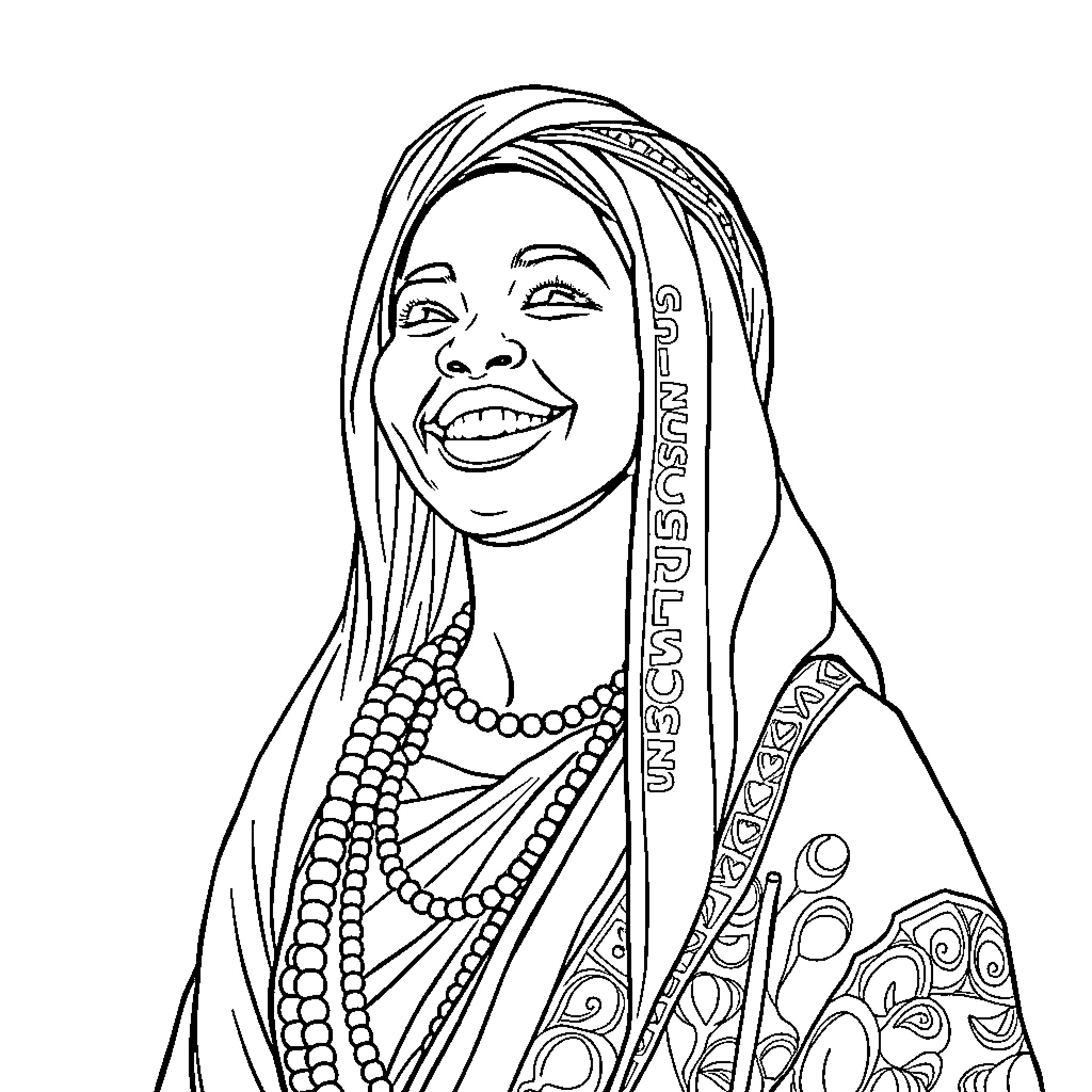 Woman with elaborate headpiece and beaded necklaces Coloring Page (free black-and-white line drawing printable PDF for all, from beginners to advanced learners, including children, teens, adults, and seniors)