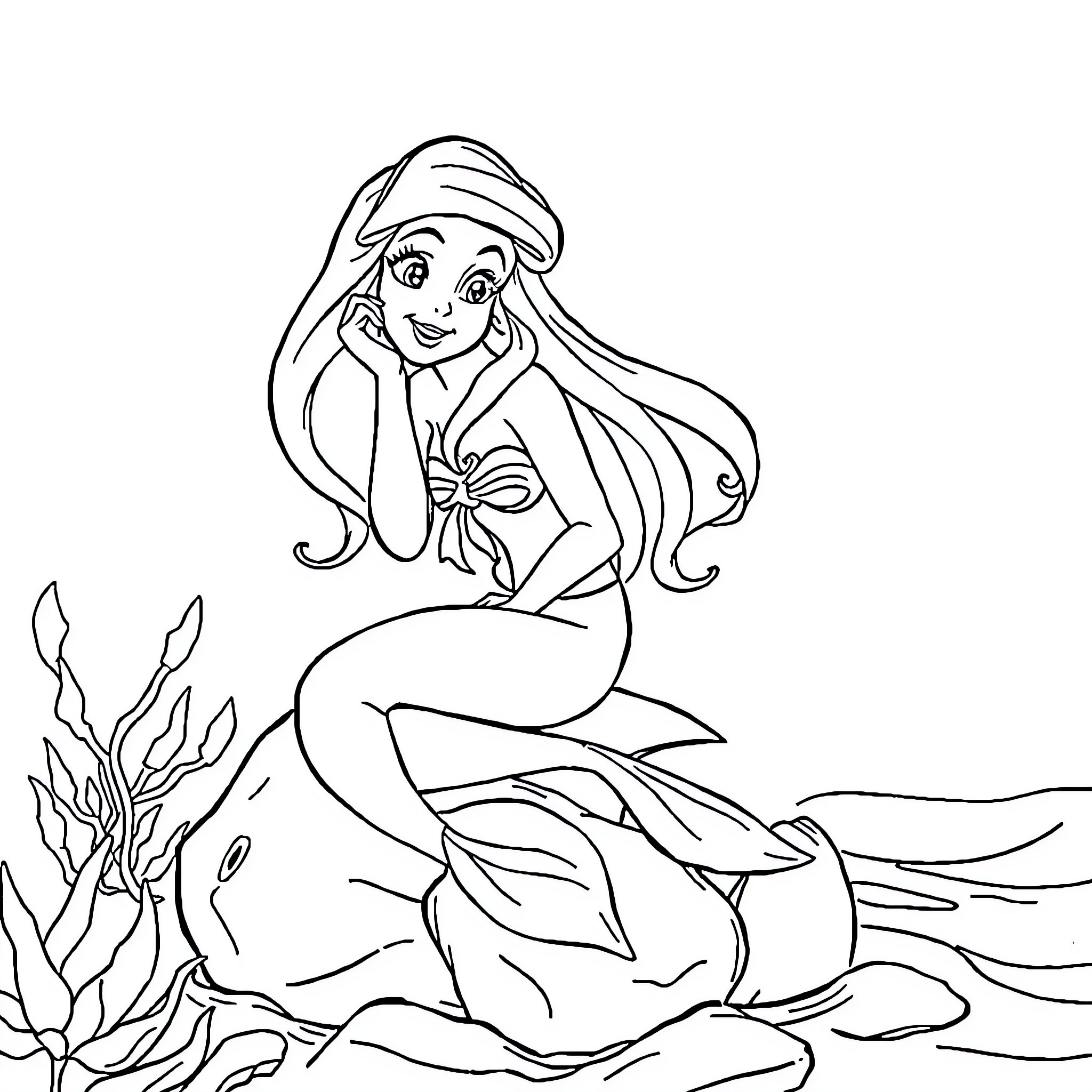 Ariel the Mermaid Relaxing in the Sea Coloring Page (free black-and-white line drawing printable PDF for all, from beginners to advanced learners, including children, teens, adults, and seniors)