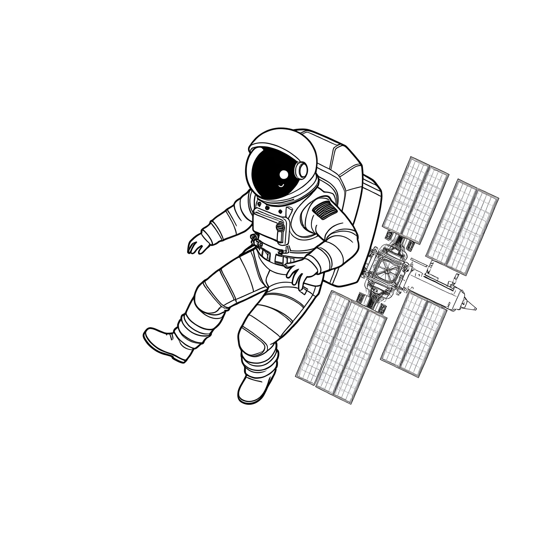 Astronaut floating near a satellite in space Coloring Page (free black-and-white line drawing printable PDF for all, from beginners to advanced learners, including children, teens, adults, and seniors)
