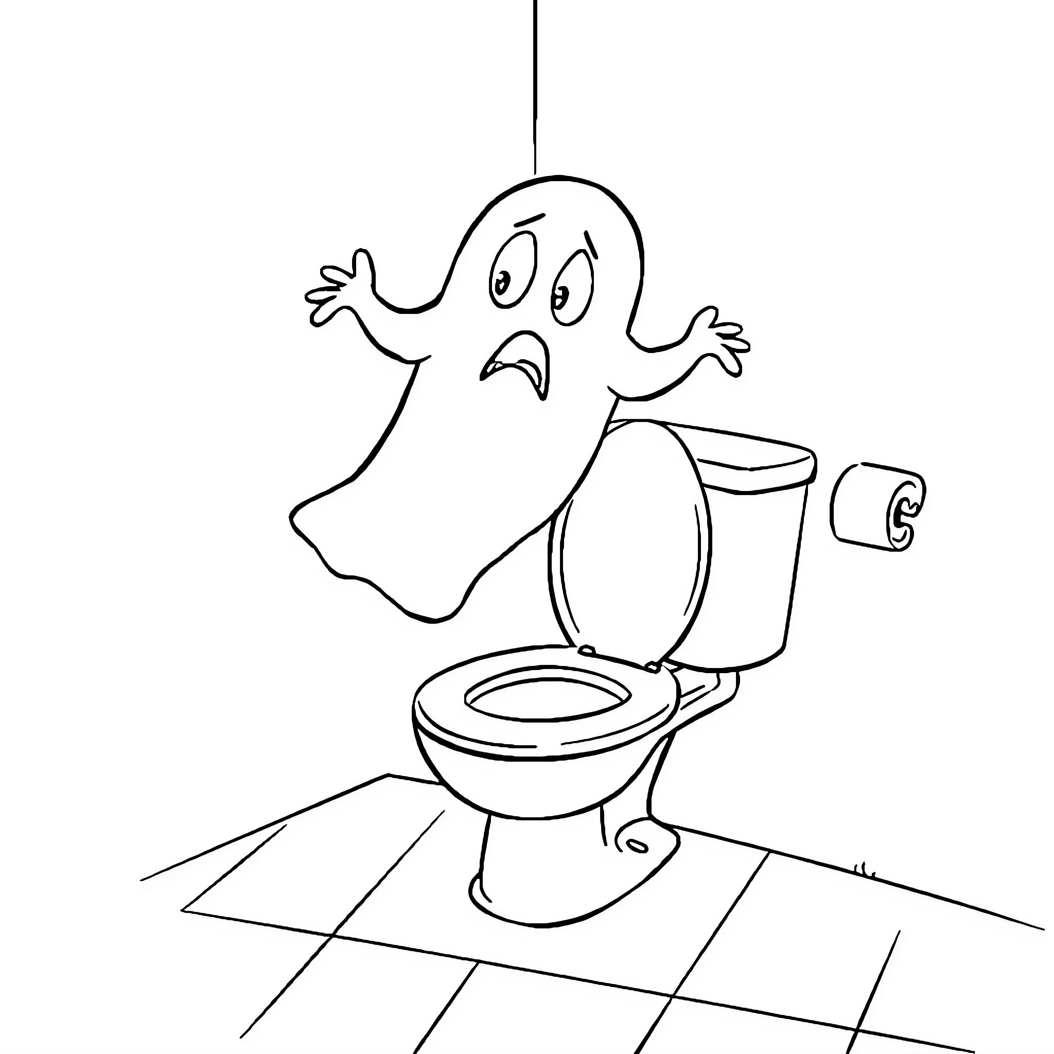 Ghost startled by toilet in bathroom Coloring Page (free black-and-white line drawing printable PDF for all, from beginners to advanced learners, including children, teens, adults, and seniors)