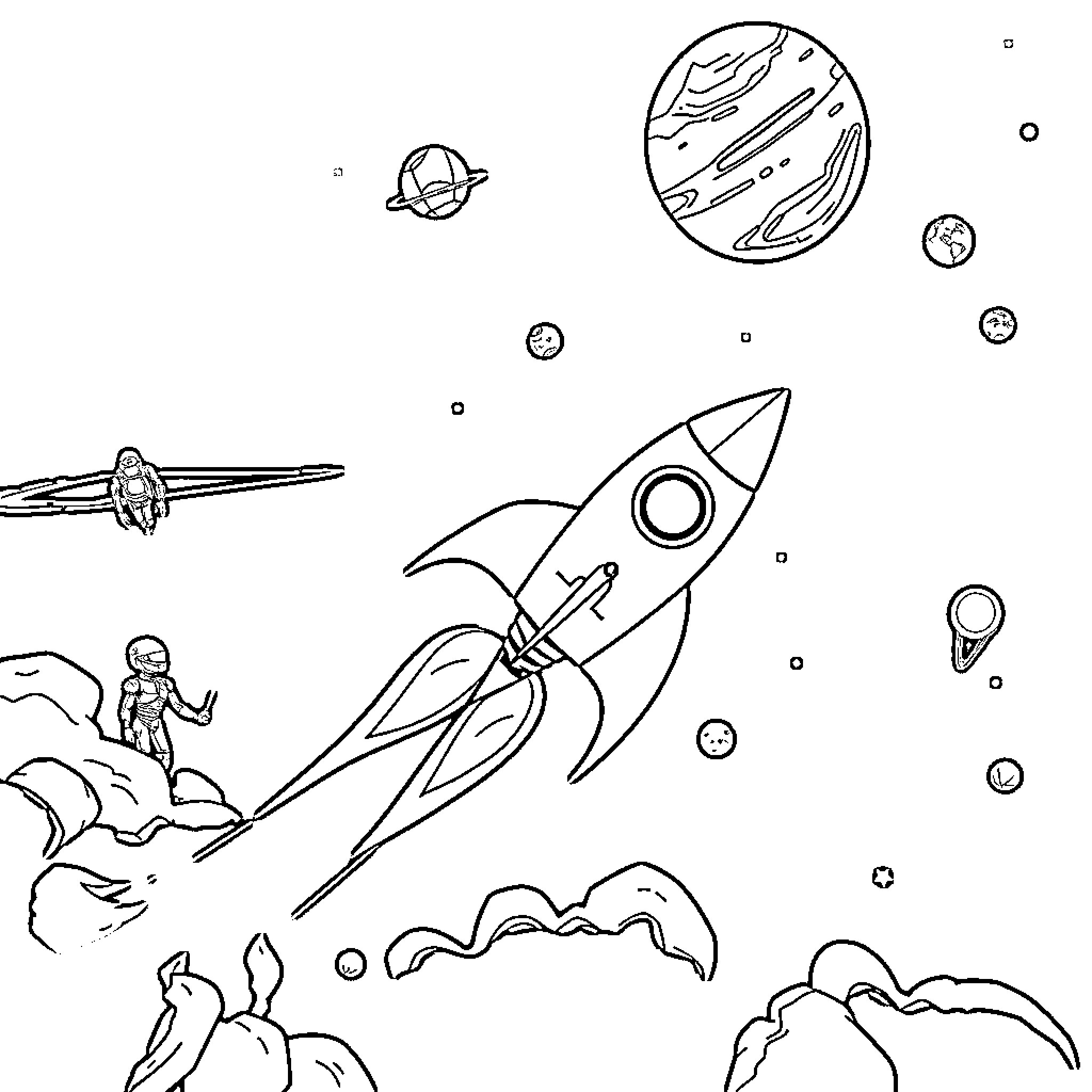 Rocket blasting off into cosmic adventure Coloring Page (free black-and-white line drawing printable PDF for all, from beginners to advanced learners, including children, teens, adults, and seniors)