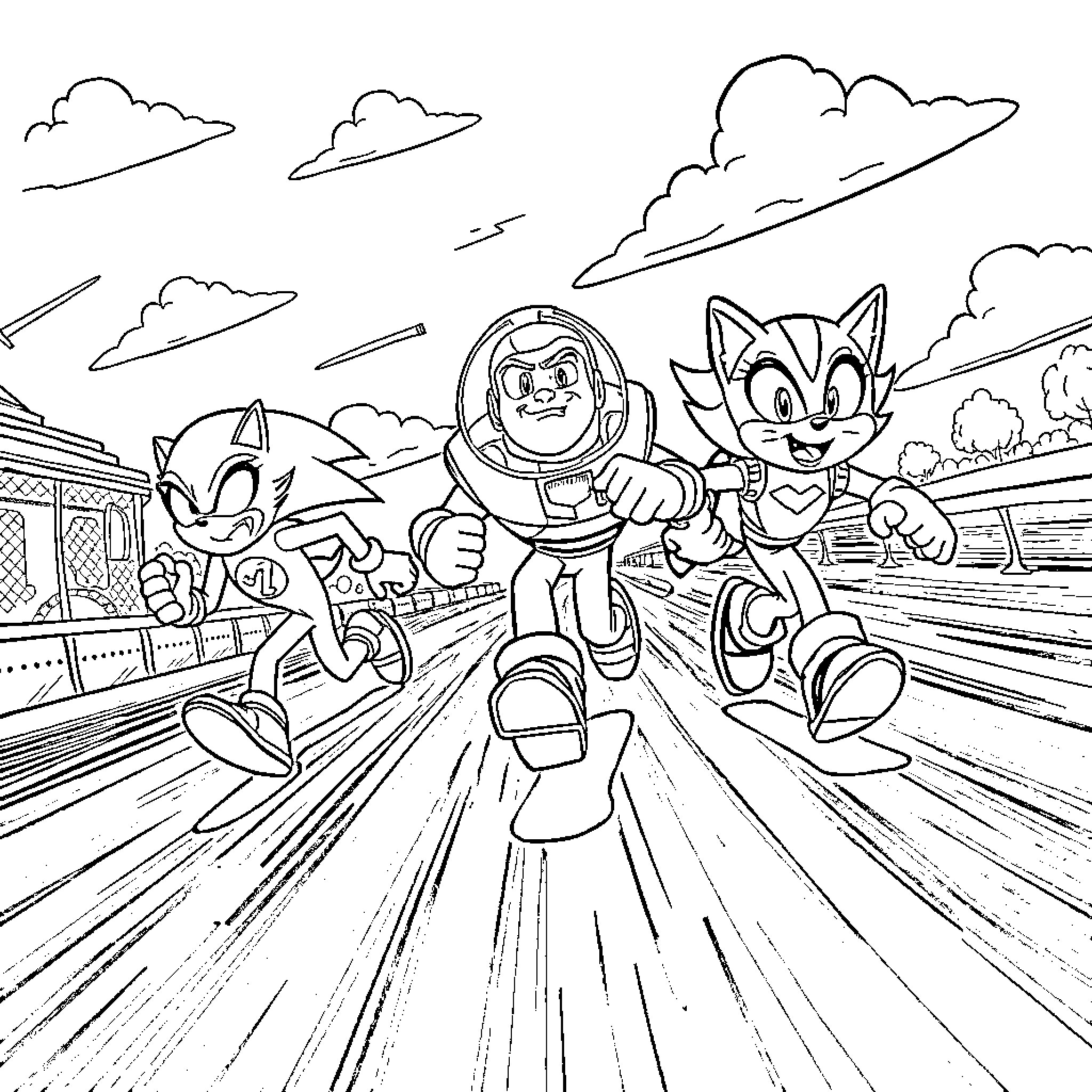 Racer characters in a high-speed chase Coloring Page (free black-and-white line drawing printable PDF for all, from beginners to advanced learners, including children, teens, adults, and seniors)