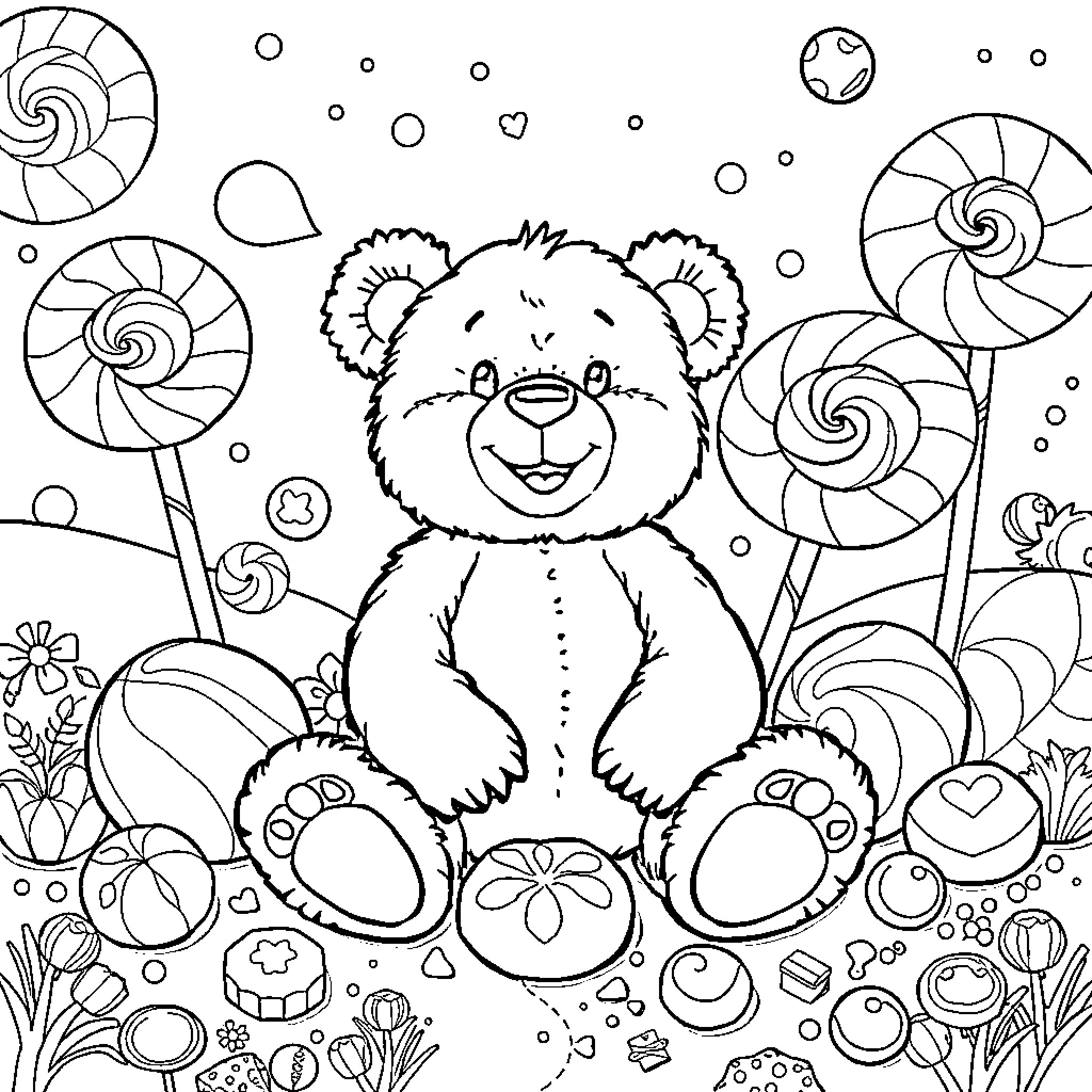 Teddy Bear surrounded by candies and sweets Coloring Page (free black-and-white line drawing printable PDF for all, from beginners to advanced learners, including children, teens, adults, and seniors)