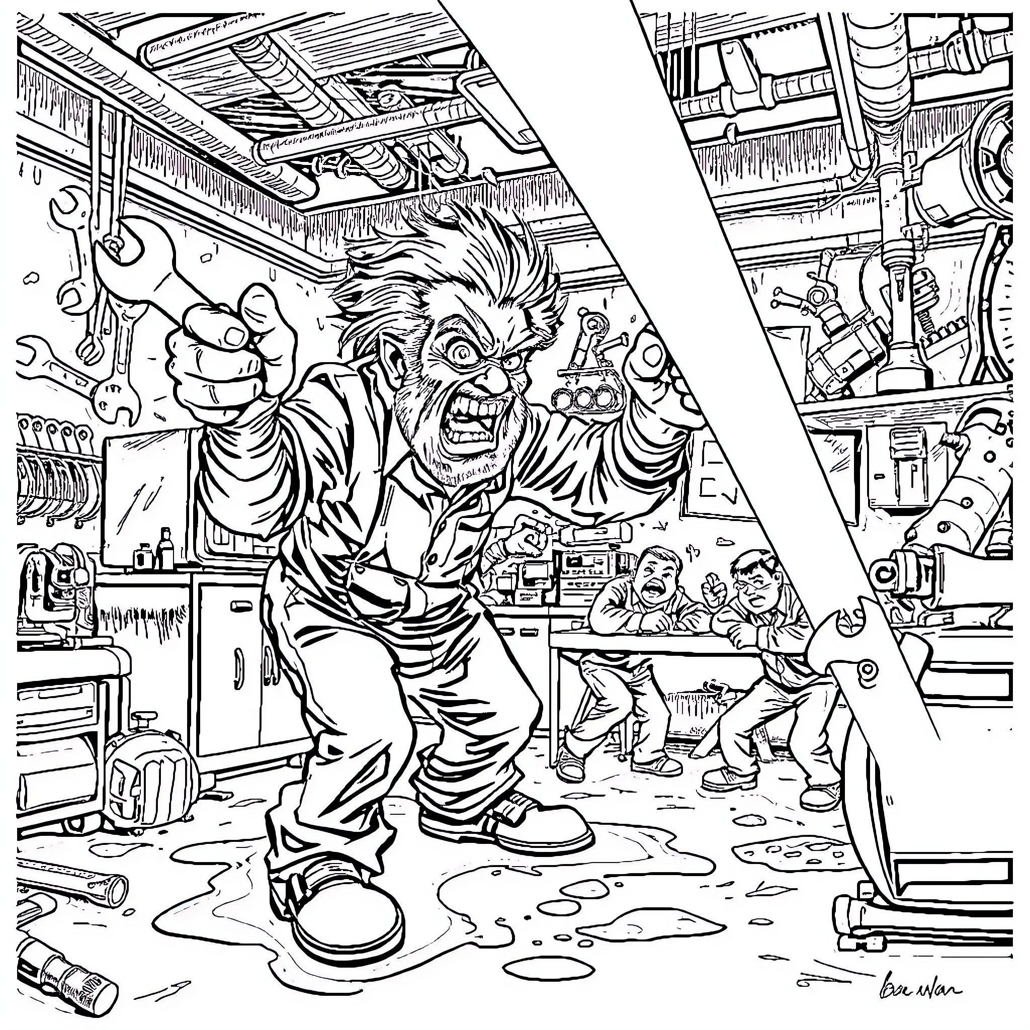 Italian Shop Manager Furiously Repairing Machines in Workshop Coloring Page (free black-and-white line drawing printable PDF for all, from beginners to advanced learners, including children, teens, adults, and seniors)