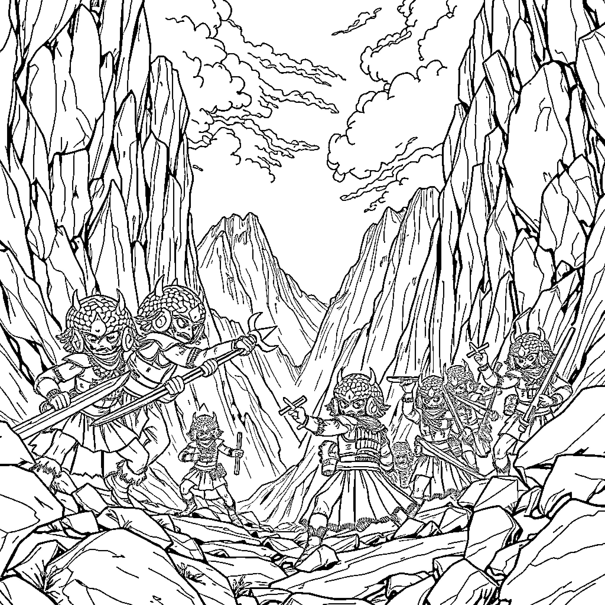 Brainrot: Battle in the Mystic Mountains Coloring Page (free black-and-white line drawing printable PDF for all, from beginners to advanced learners, including children, teens, adults, and seniors)