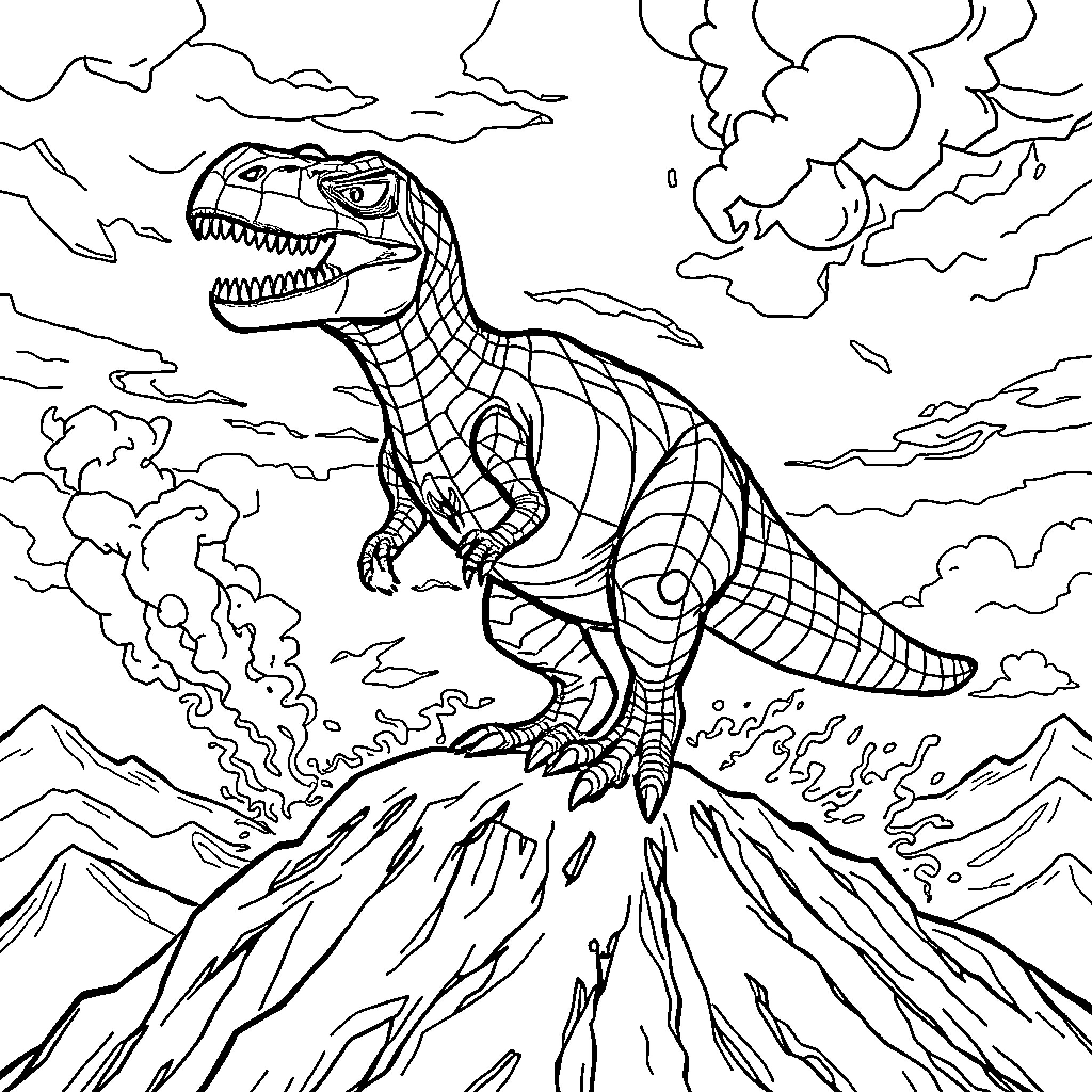 Spiderman battles a fierce dinosaur in a volcanic landscape Coloring Page (free black-and-white line drawing printable PDF for all, from beginners to advanced learners, including children, teens, adults, and seniors)
