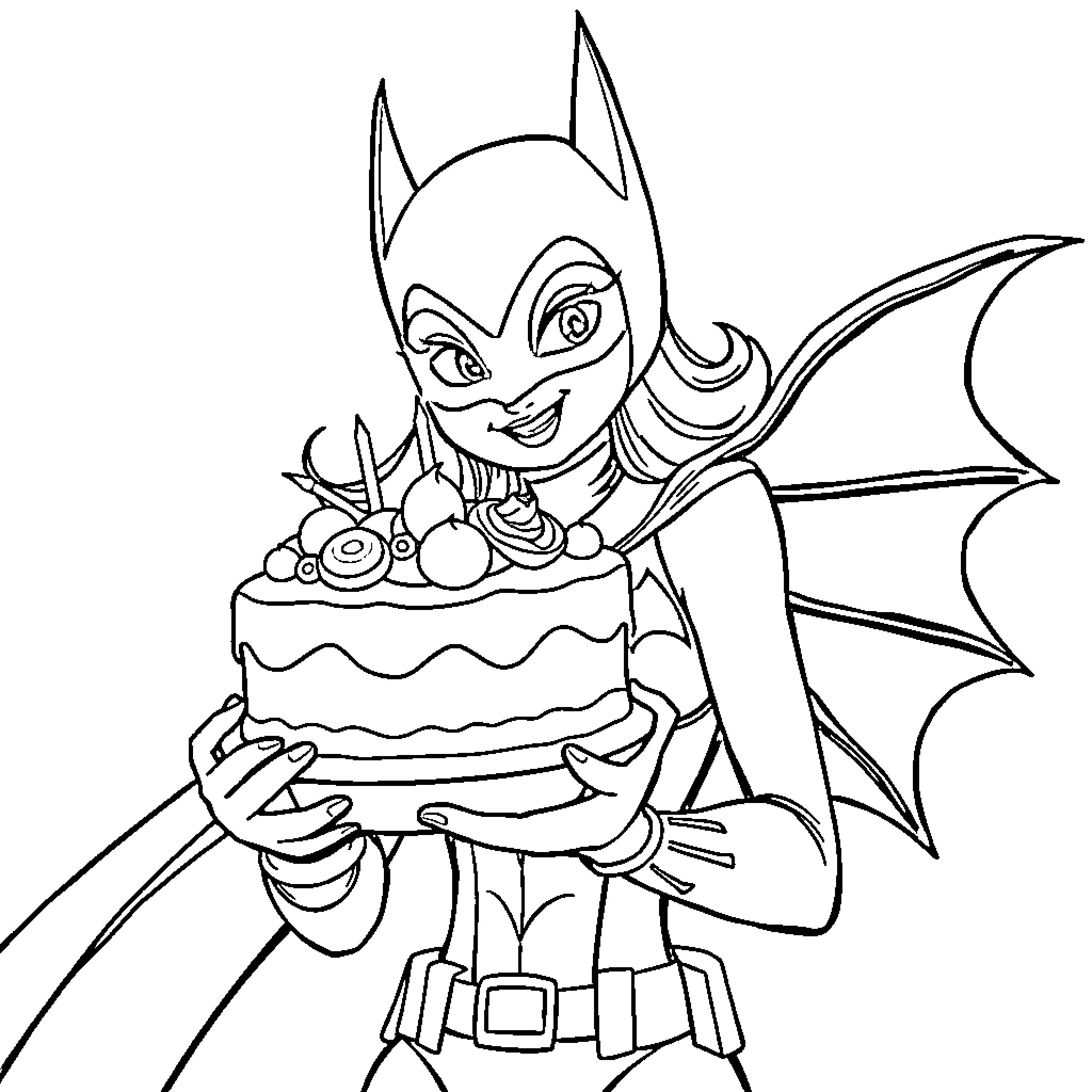 Batgirl Holding a Celebratory Cake Coloring Page (free black-and-white line drawing printable PDF for all, from beginners to advanced learners, including children, teens, adults, and seniors)