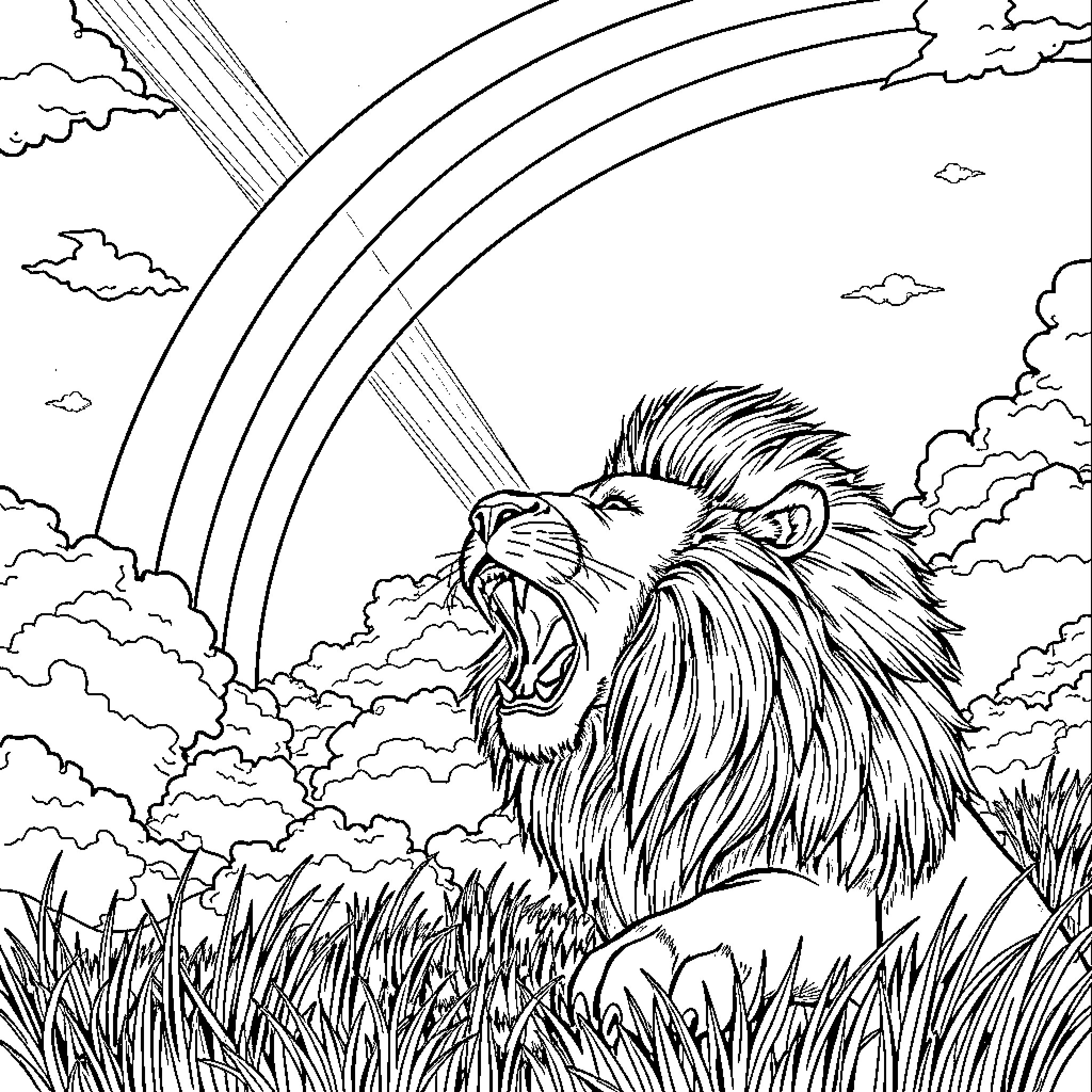 Lion roaring beneath a vibrant rainbow Coloring Page (free black-and-white line drawing printable PDF for all, from beginners to advanced learners, including children, teens, adults, and seniors)