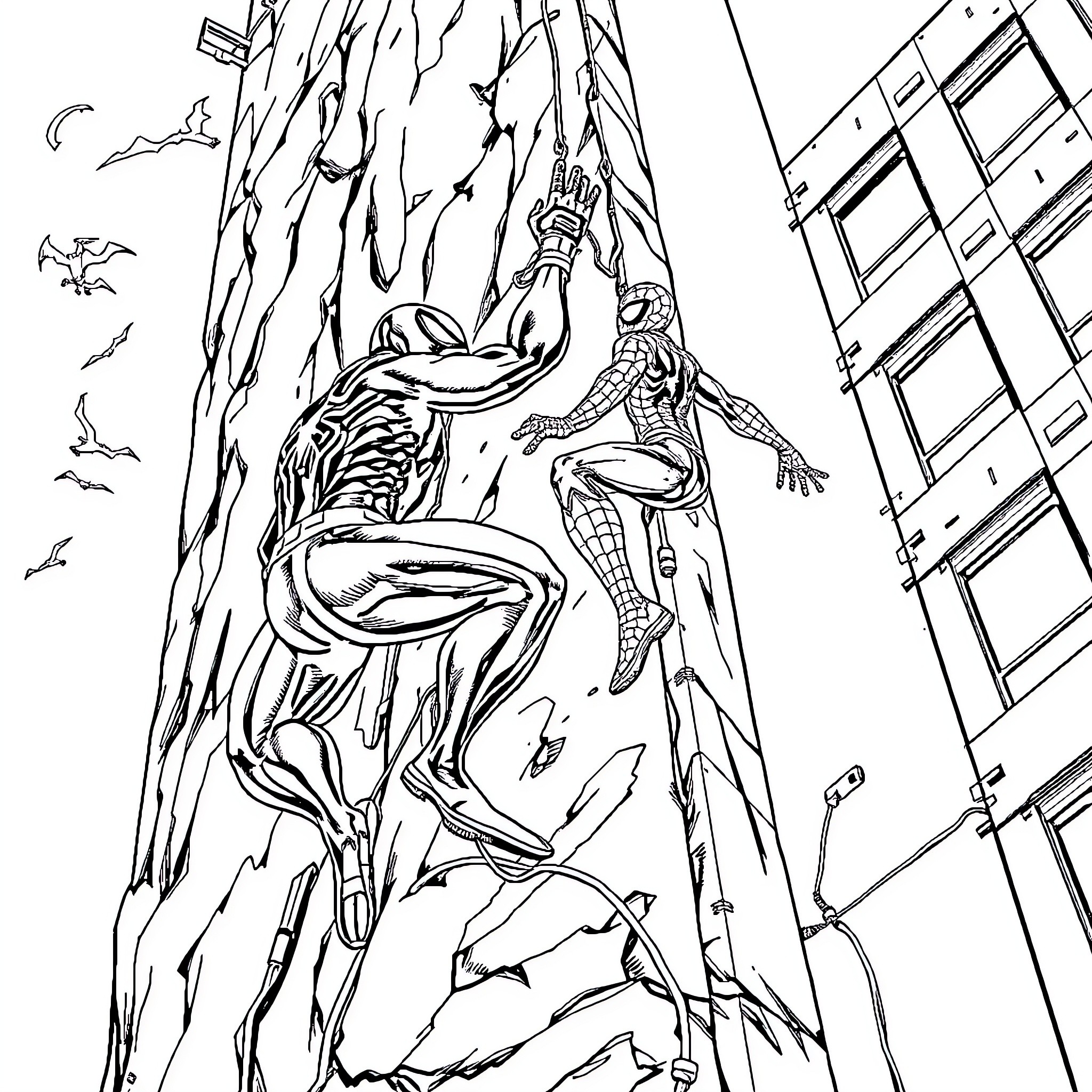 Spider-Man Scaling a Perilous Wall Coloring Page (free black-and-white line drawing printable PDF for all, from beginners to advanced learners, including children, teens, adults, and seniors)