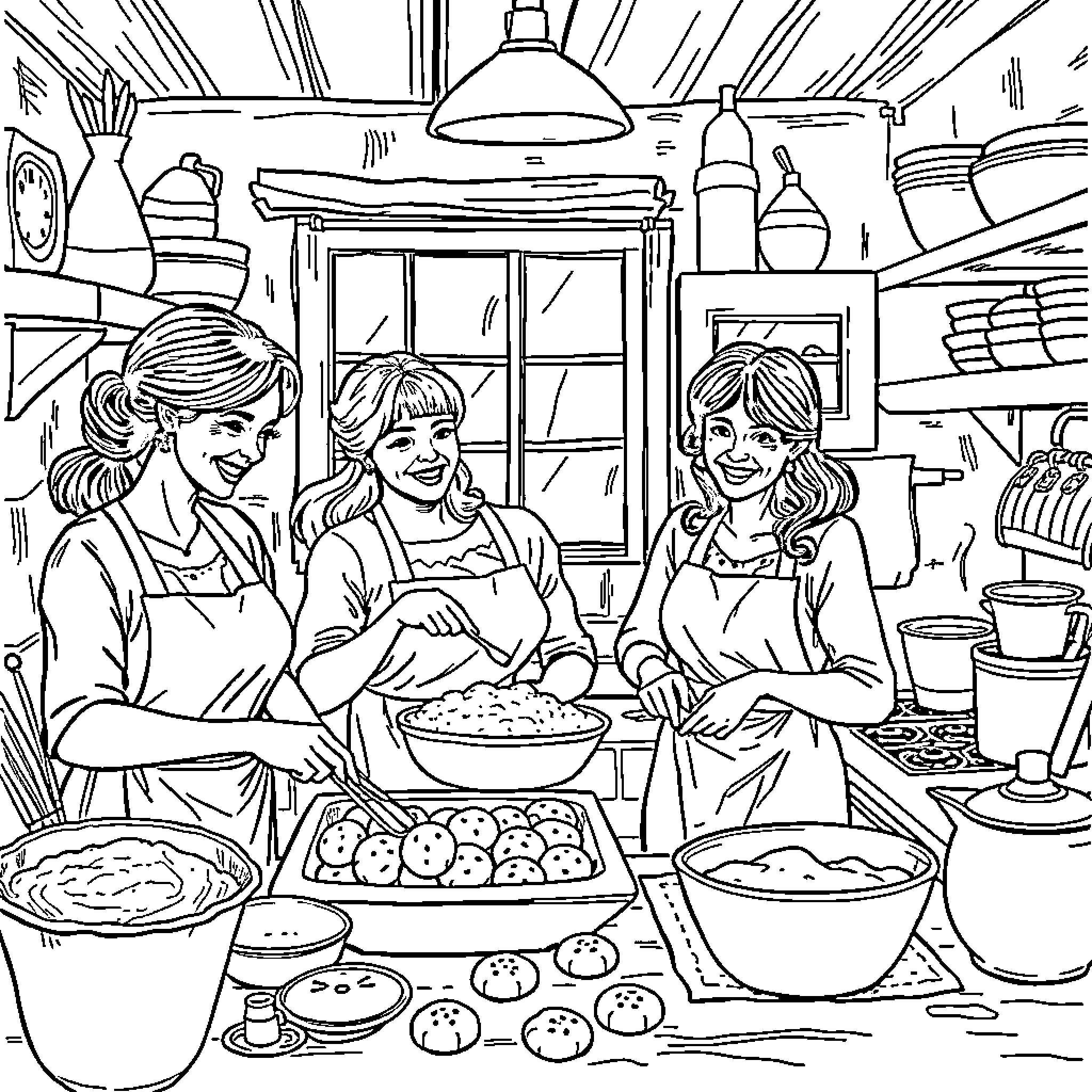 Women baking happily together in the kitchen Coloring Page (free black-and-white line drawing printable PDF for all, from beginners to advanced learners, including children, teens, adults, and seniors)