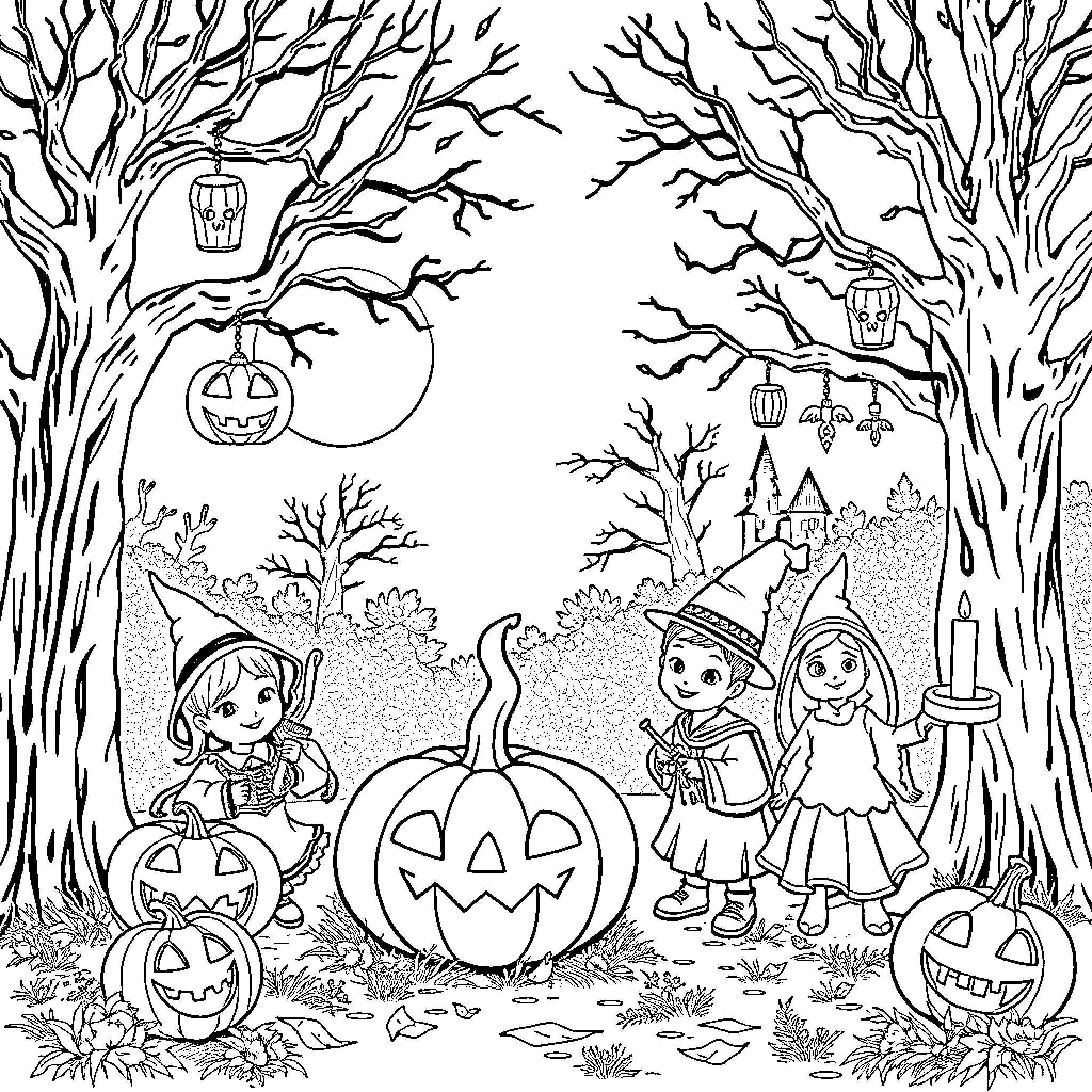 Halloween Trick-or-Treating in the Spooky Forest Coloring Page (free black-and-white line drawing printable PDF for all, from beginners to advanced learners, including children, teens, adults, and seniors)