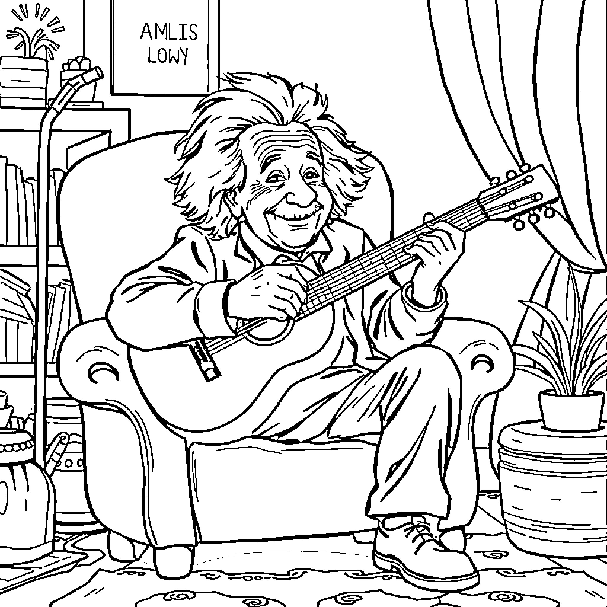 Albert Einstein Playing Guitar in His Study Coloring Page (free black-and-white line drawing printable PDF for all, from beginners to advanced learners, including children, teens, adults, and seniors)