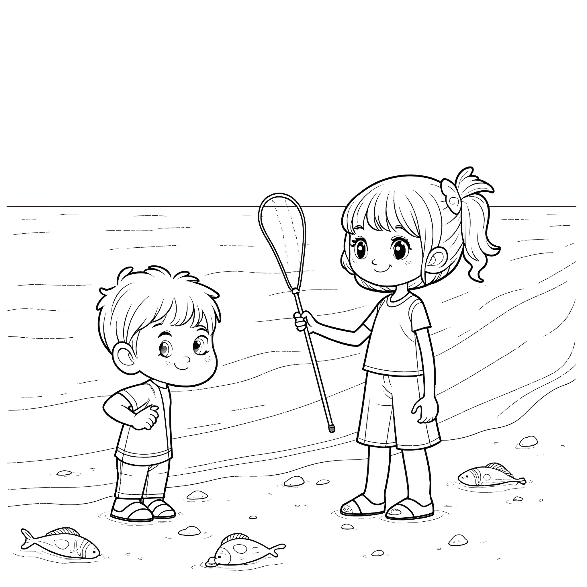 Child catching fish with a net Coloring Page (free black-and-white line drawing printable PDF for all, from beginners to advanced learners, including children, teens, adults, and seniors)