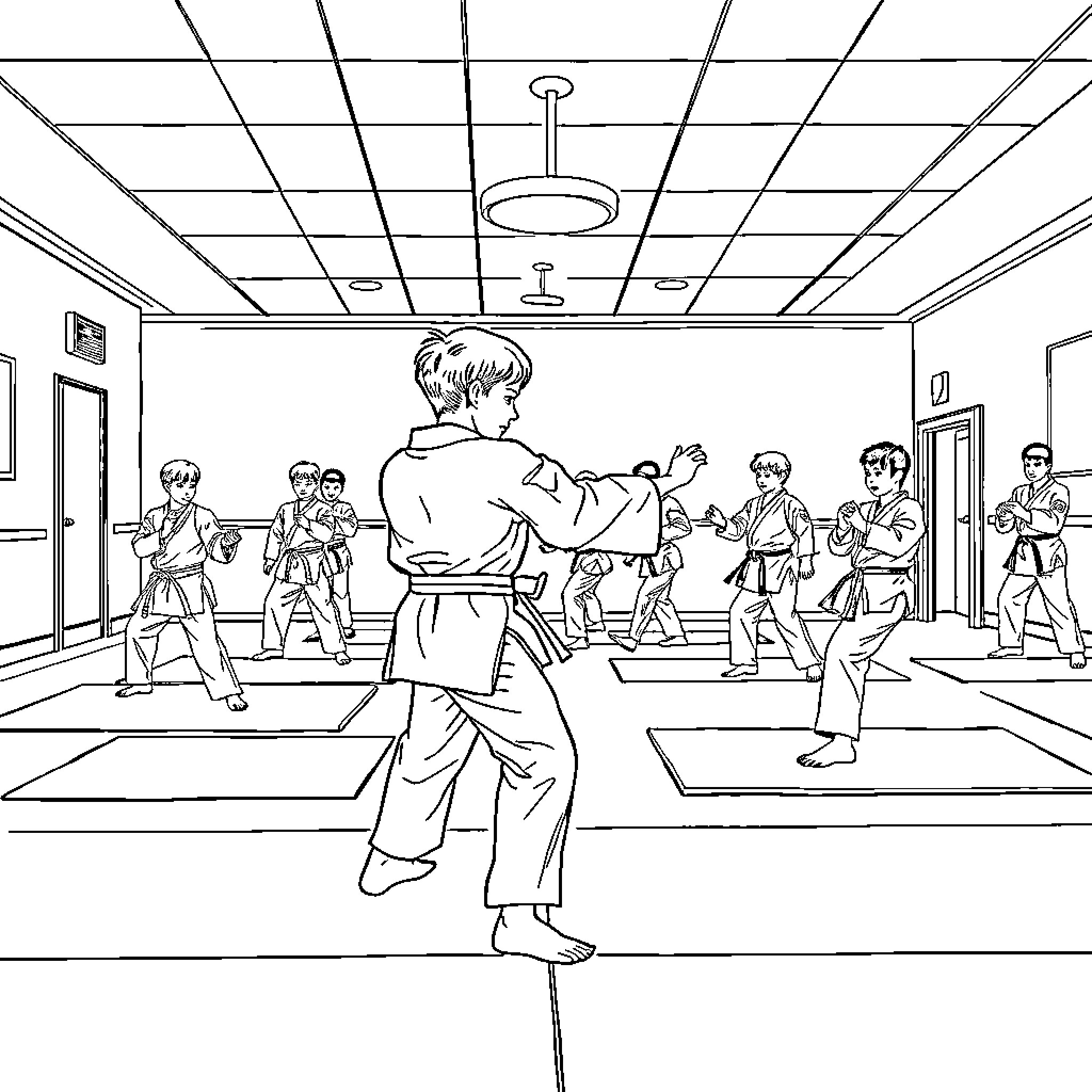 Karate Students Practicing in Dojo Coloring Page (free black-and-white line drawing printable PDF for all, from beginners to advanced learners, including children, teens, adults, and seniors)