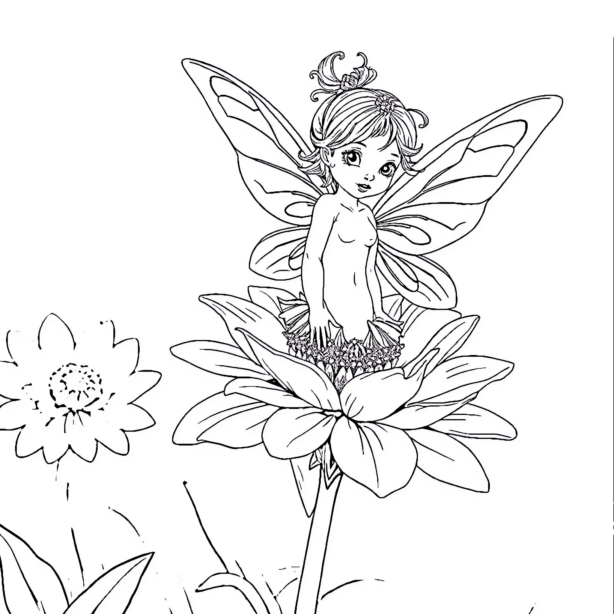 Fairy resting on a blooming flower Coloring Page (free black-and-white line drawing printable PDF for all, from beginners to advanced learners, including children, teens, adults, and seniors)