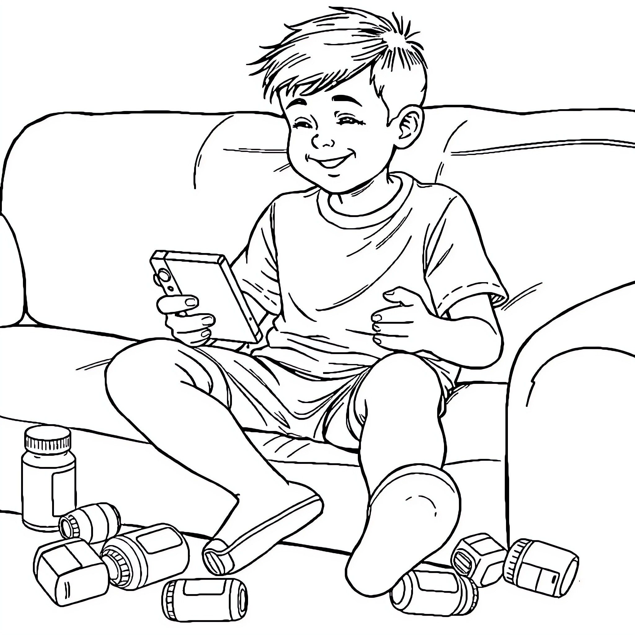 Boy playing with gadgets on the couch Coloring Page (free black-and-white line drawing printable PDF for all, from beginners to advanced learners, including children, teens, adults, and seniors)