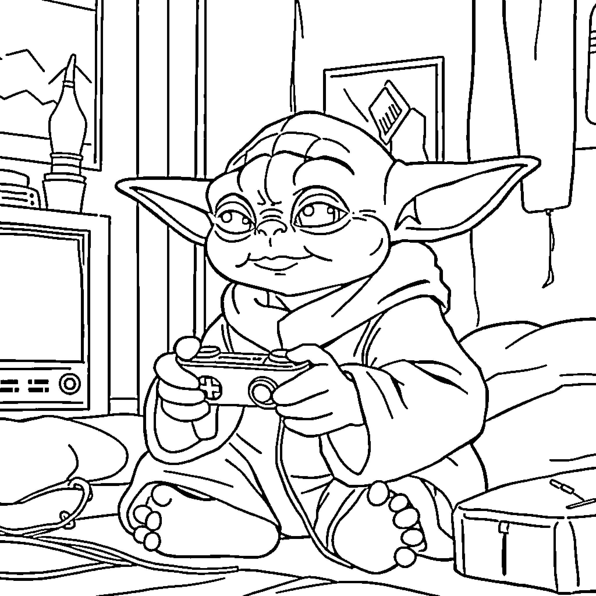 Yoda playing video games in his cozy home Coloring Page (free black-and-white line drawing printable PDF for all, from beginners to advanced learners, including children, teens, adults, and seniors)