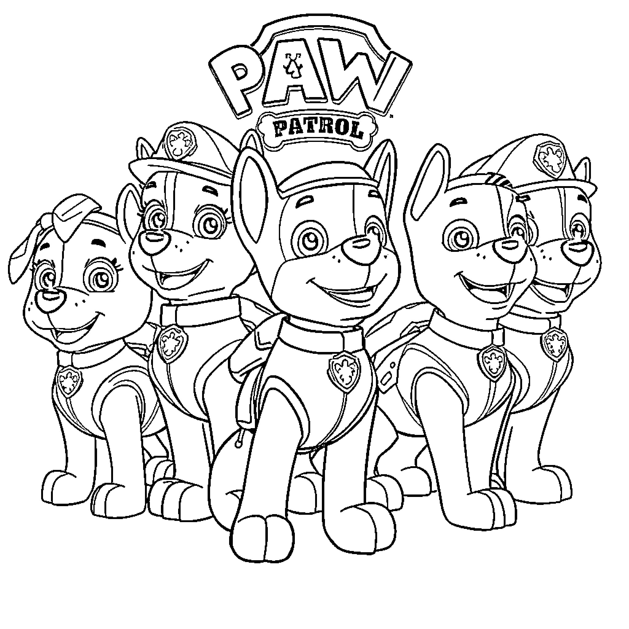 Paw Patrol puppies in uniform standing together Coloring Page (free black-and-white line drawing printable PDF for all, from beginners to advanced learners, including children, teens, adults, and seniors)