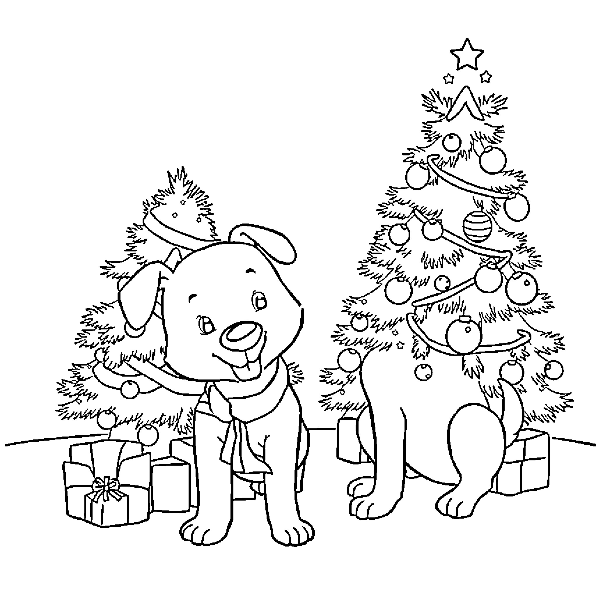 Bluey and friends celebrate Christmas with a tree Coloring Page (free black-and-white line drawing printable PDF for all, from beginners to advanced learners, including children, teens, adults, and seniors)