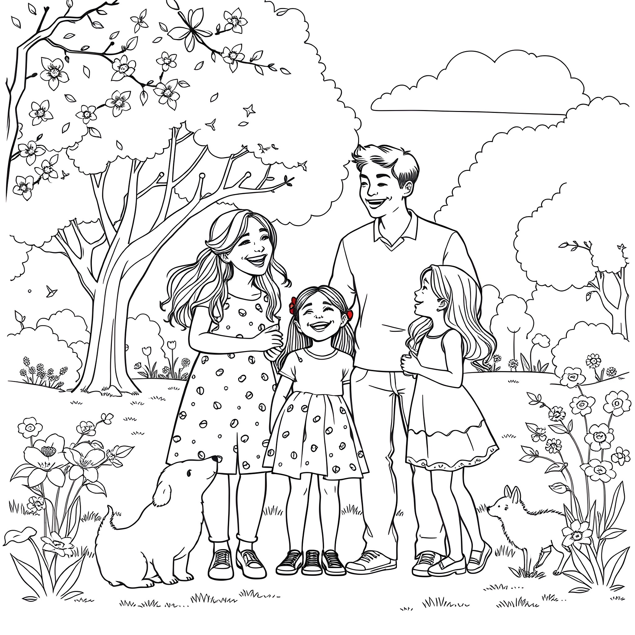 Family Enjoying Nature's Beauty Together Coloring Page (free black-and-white line drawing printable PDF for all, from beginners to advanced learners, including children, teens, adults, and seniors)