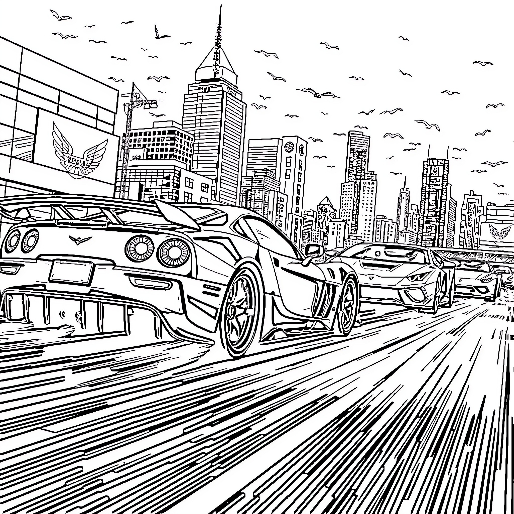Car Racing Through Futuristic City Skyline Coloring Page (free black-and-white line drawing printable PDF for all, from beginners to advanced learners, including children, teens, adults, and seniors)