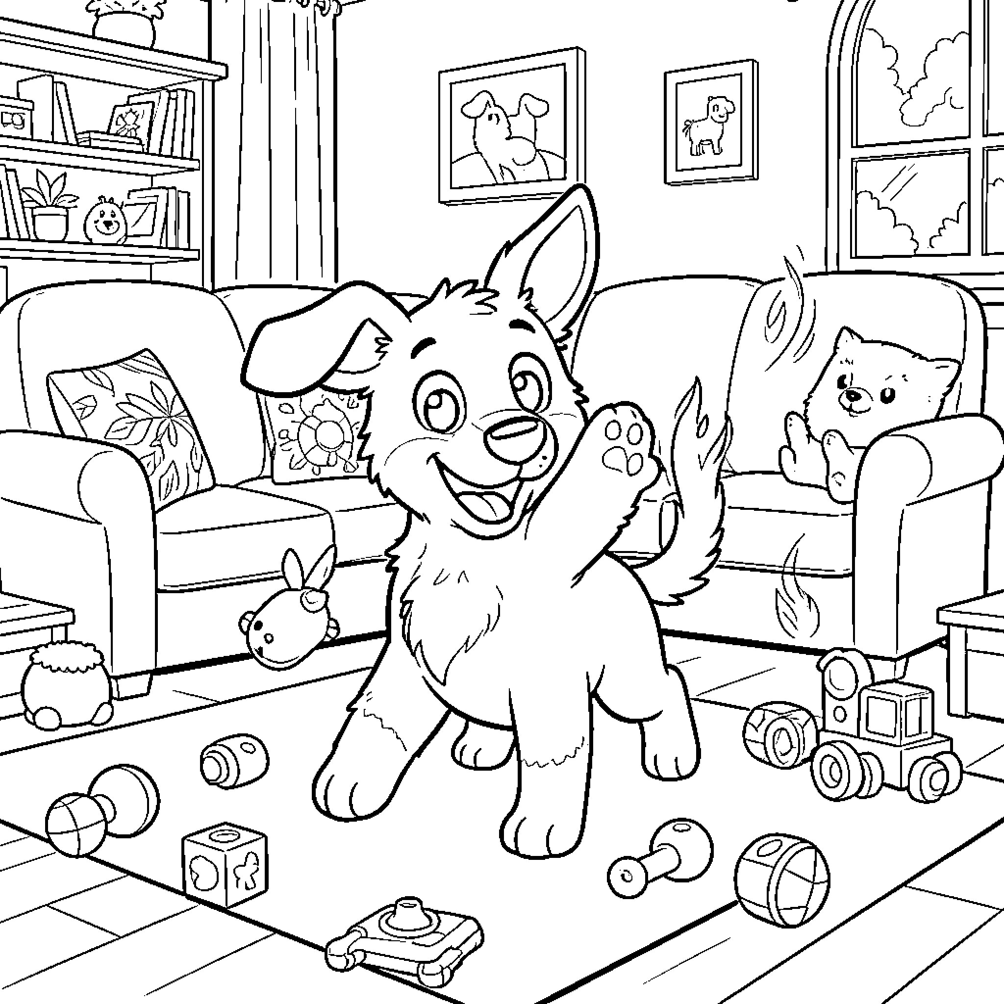 Bluey playing happily with toys in the living room Coloring Page (free black-and-white line drawing printable PDF for all, from beginners to advanced learners, including children, teens, adults, and seniors)