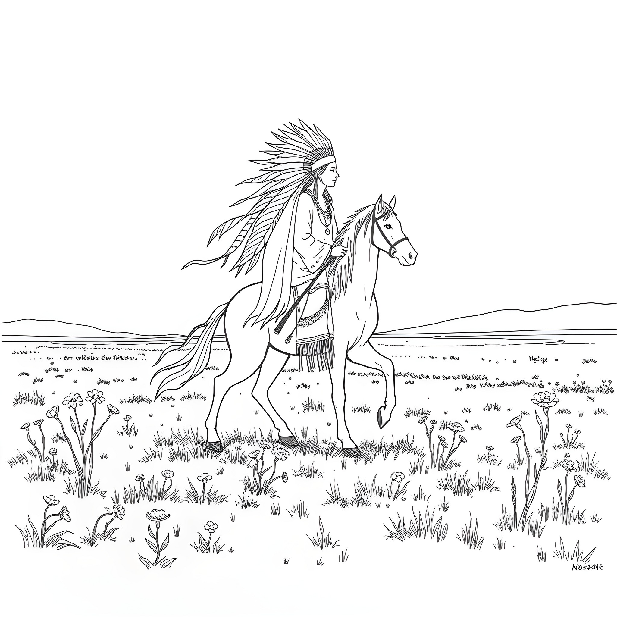 Great Spirit Riding on Majestic Horse in Nature Coloring Page (free black-and-white line drawing printable PDF for all, from beginners to advanced learners, including children, teens, adults, and seniors)