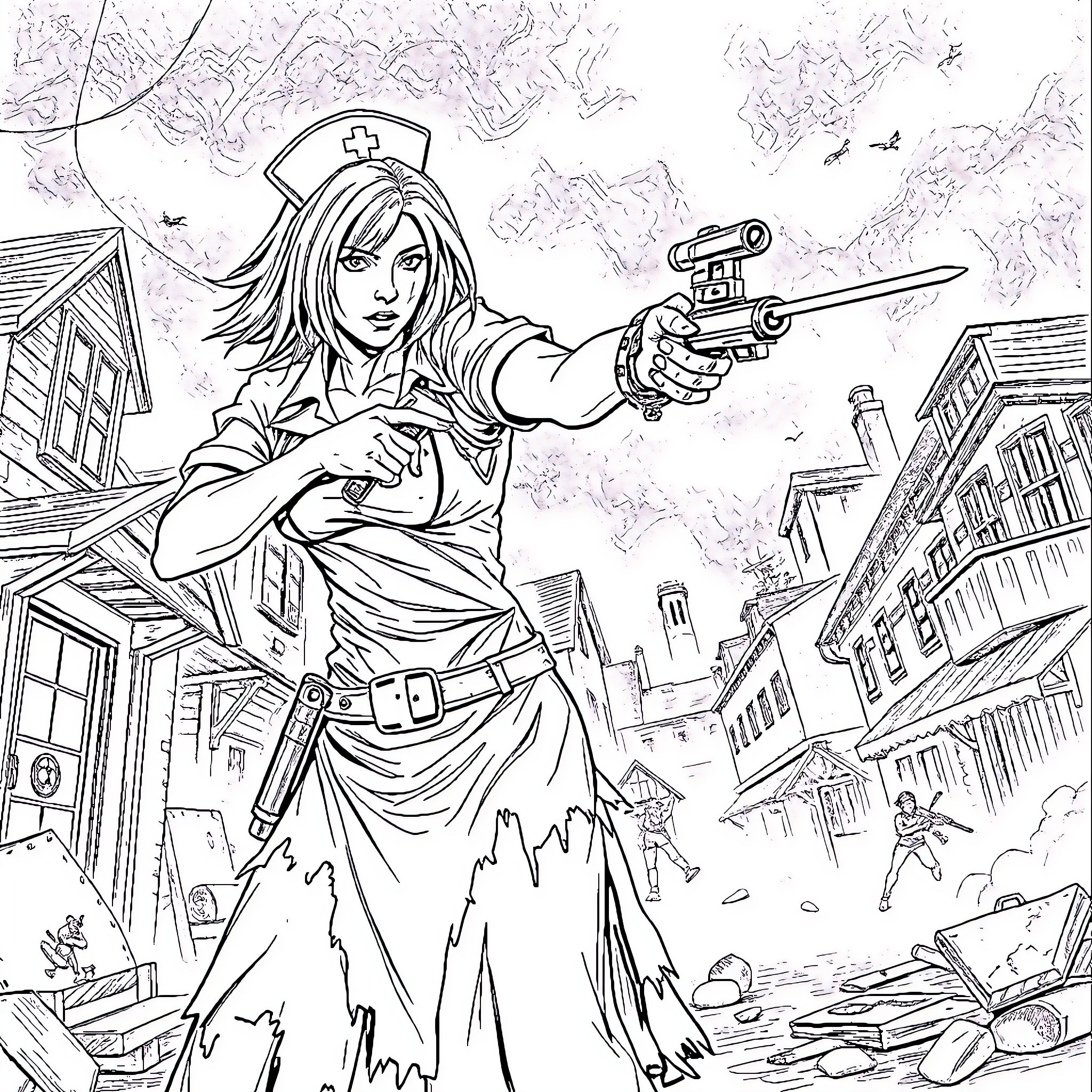 Nurse with Weapon Defends Chaotic Scene Coloring Page (free black-and-white line drawing printable PDF for all, from beginners to advanced learners, including children, teens, adults, and seniors)