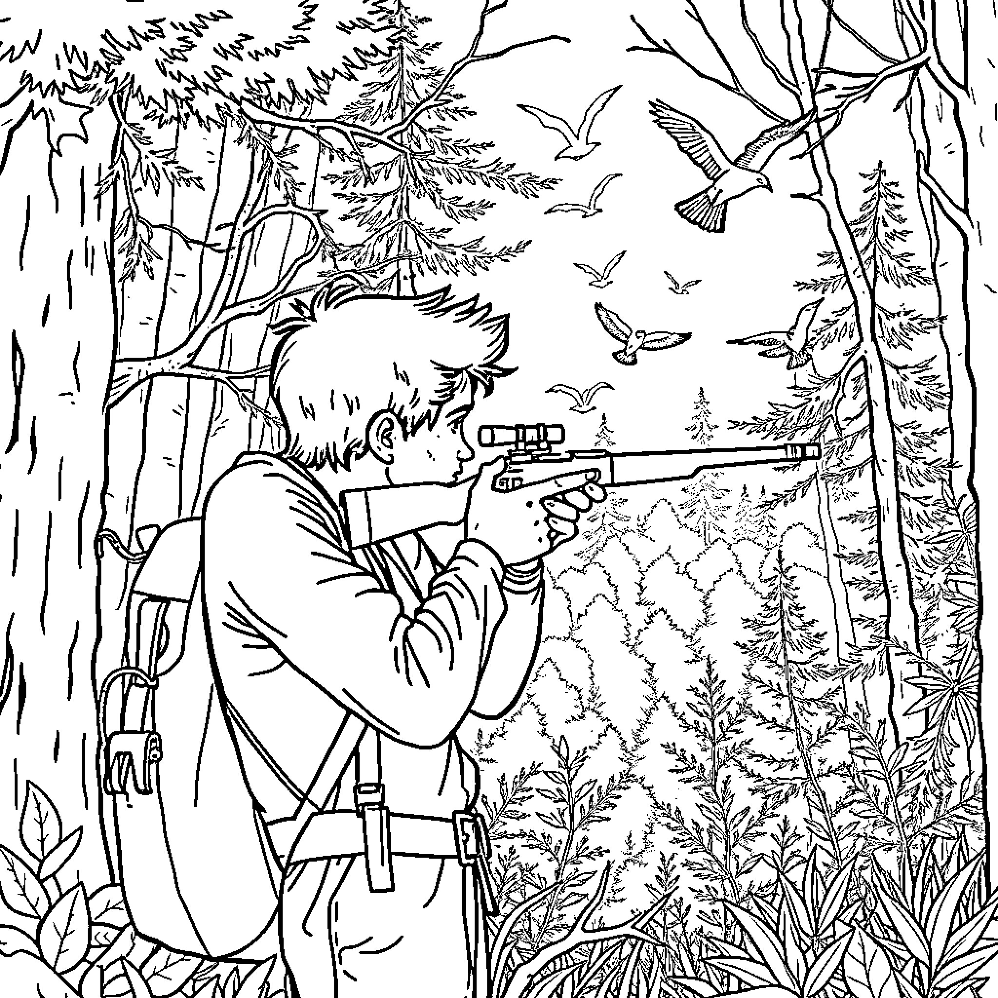 Guy with Rifle Hunting in Forest Wilderness Coloring Page (free black-and-white line drawing printable PDF for all, from beginners to advanced learners, including children, teens, adults, and seniors)