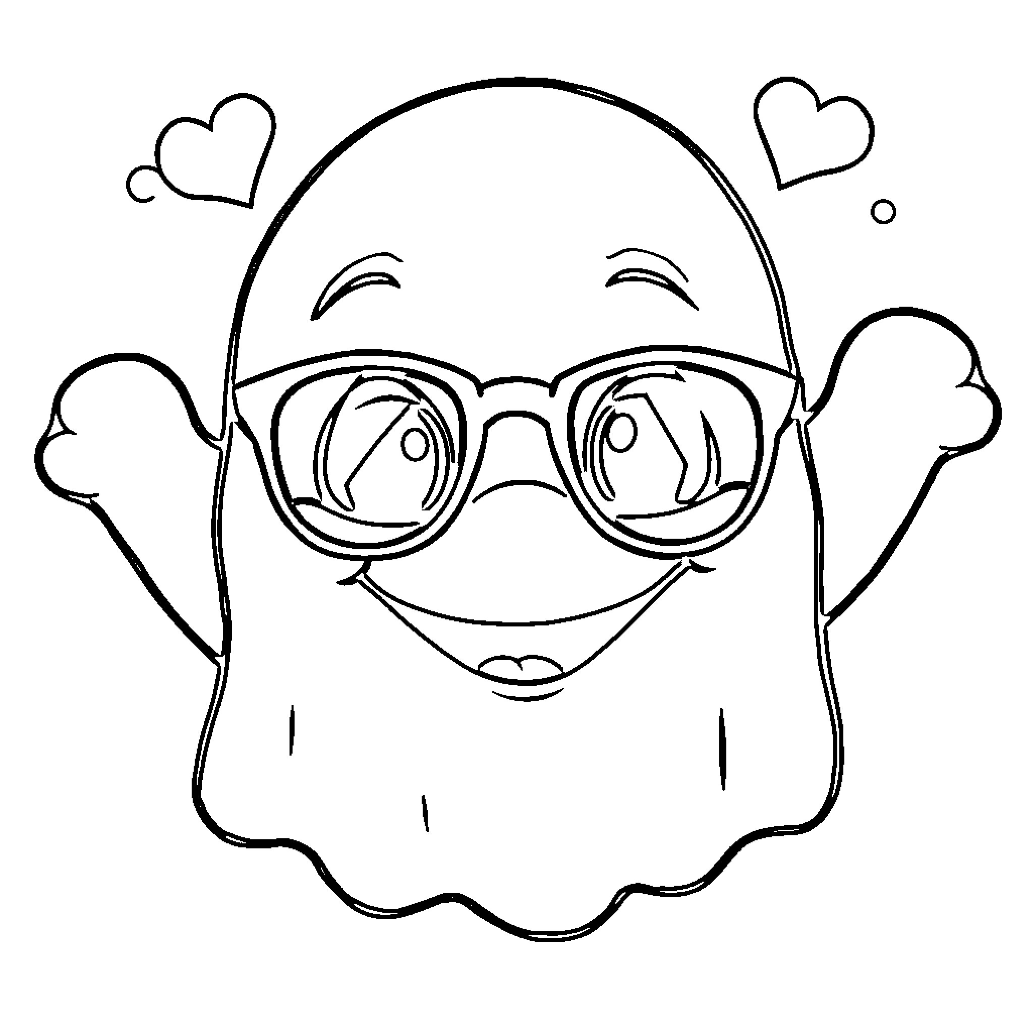 Ghost wearing glasses and smiling happily Coloring Page (free black-and-white line drawing printable PDF for all, from beginners to advanced learners, including children, teens, adults, and seniors)