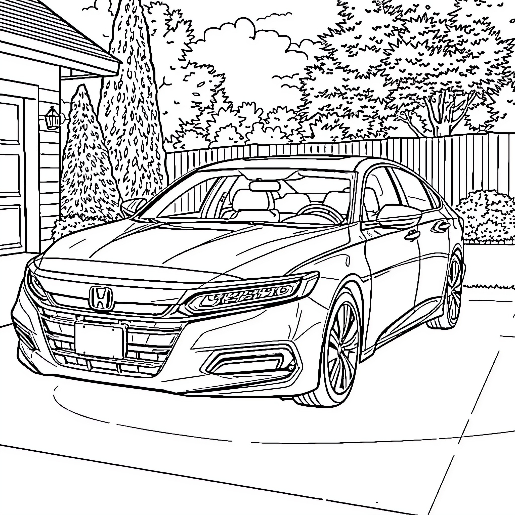 Honda Accord in front of a house Coloring Page (free black-and-white line drawing printable PDF for all, from beginners to advanced learners, including children, teens, adults, and seniors)