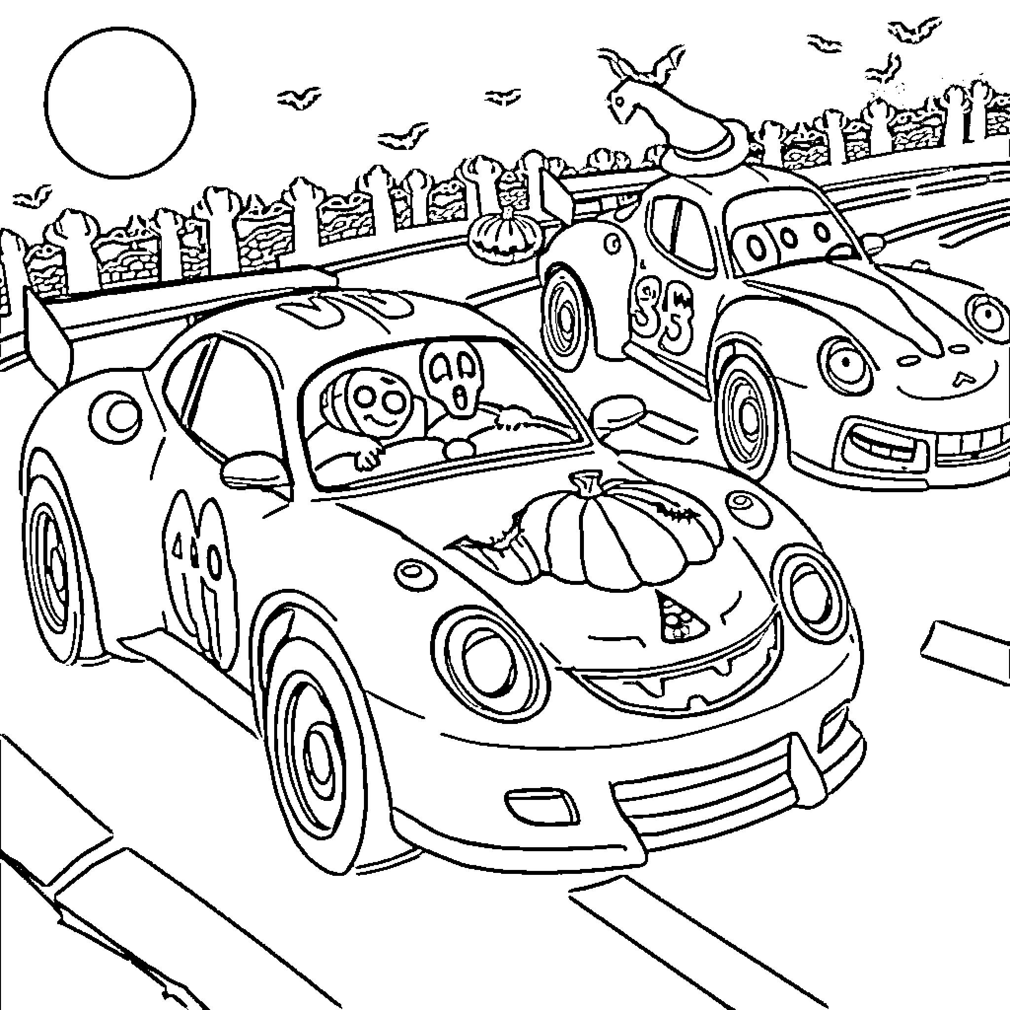 Racecar Fun at Spooky Racetrack Coloring Page (free black-and-white line drawing printable PDF for all, from beginners to advanced learners, including children, teens, adults, and seniors)