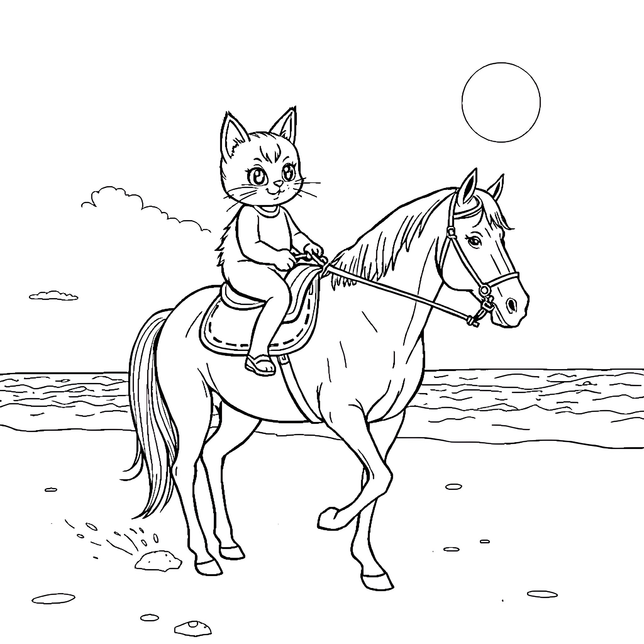 Cat riding a horse on the beach Coloring Page (free black-and-white line drawing printable PDF for all, from beginners to advanced learners, including children, teens, adults, and seniors)