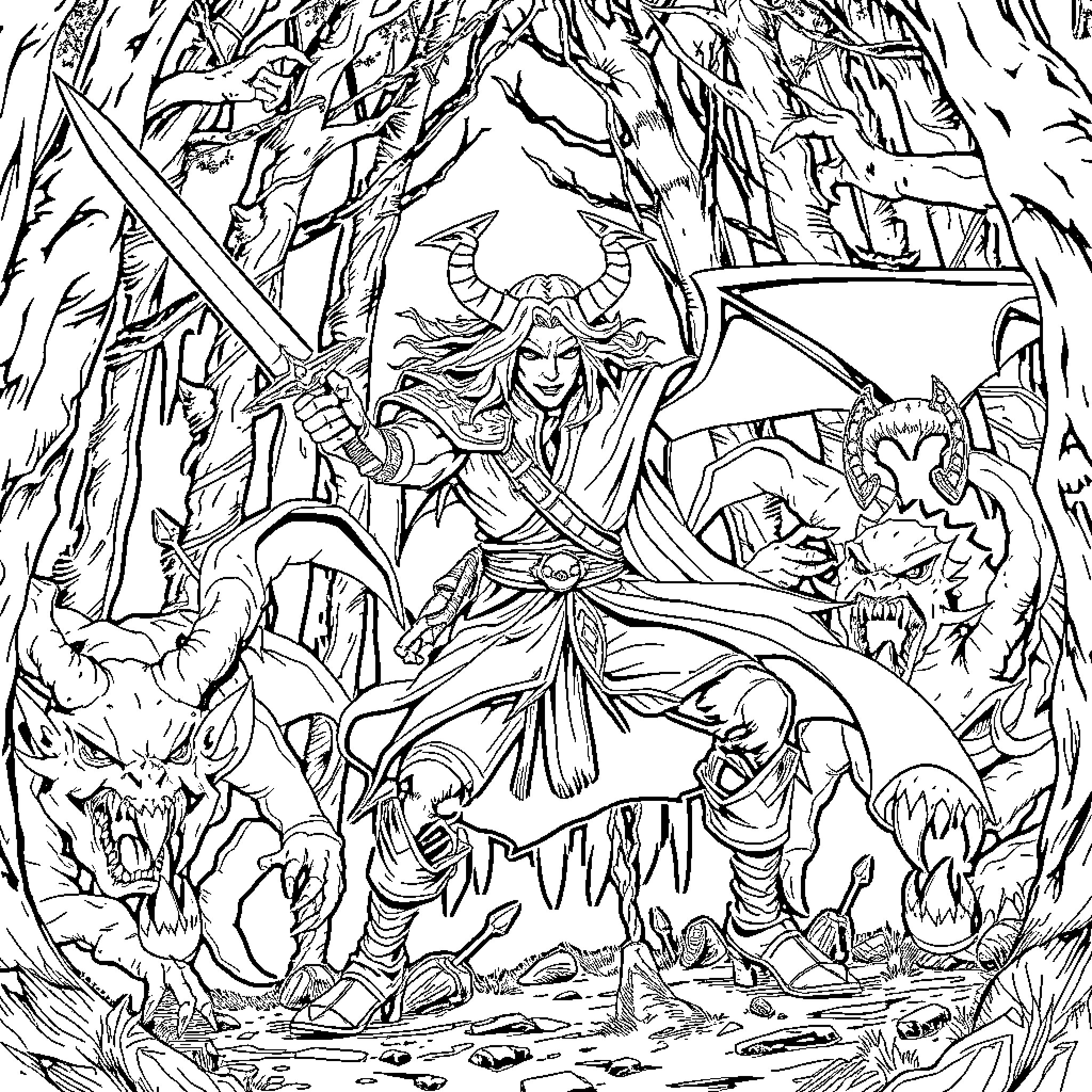 Demonslayer battles formidable foes in a treacherous forest Coloring Page (free black-and-white line drawing printable PDF for all, from beginners to advanced learners, including children, teens, adults, and seniors)