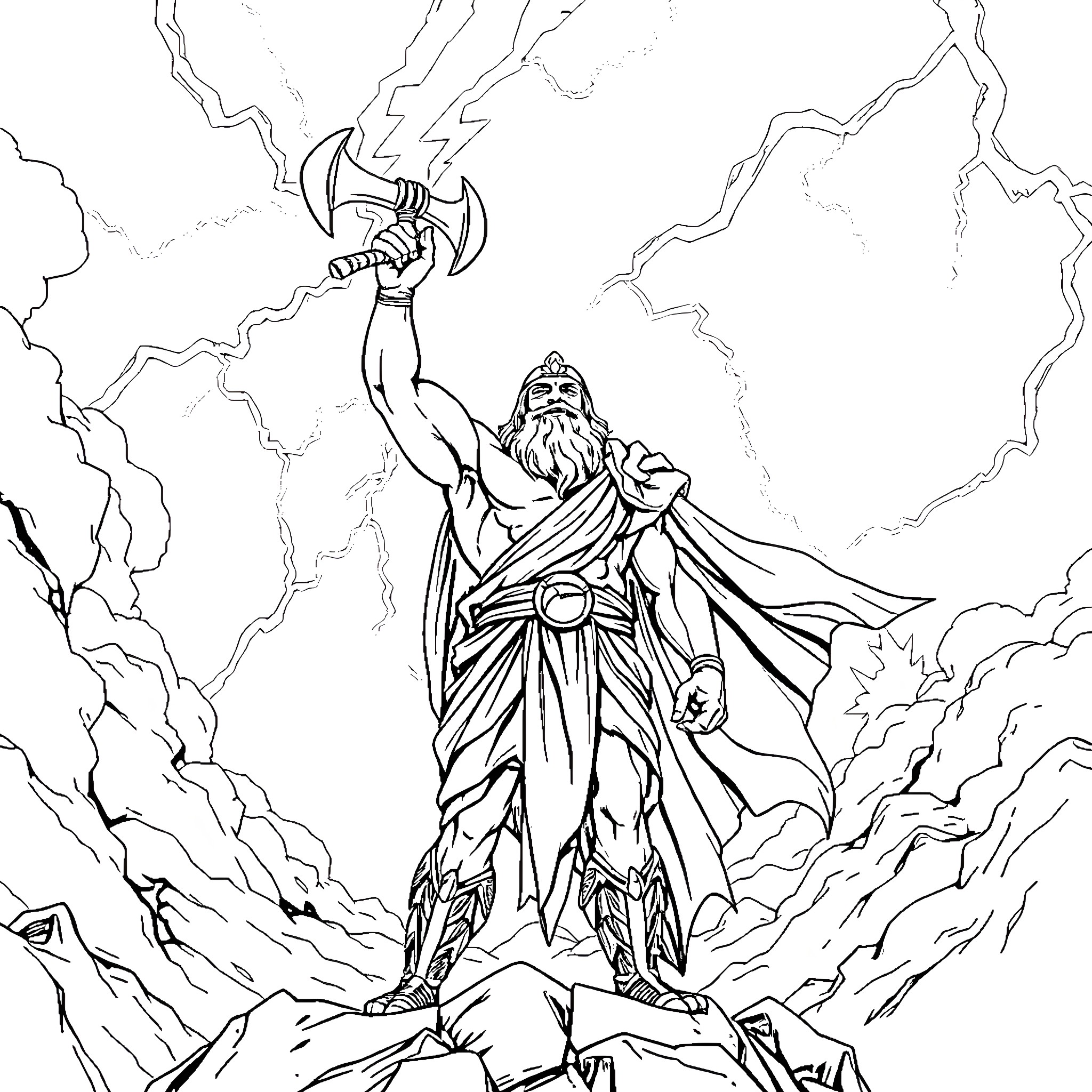 God of War wielding mighty axe amidst thunderous clouds Coloring Page (free black-and-white line drawing printable PDF for all, from beginners to advanced learners, including children, teens, adults, and seniors)