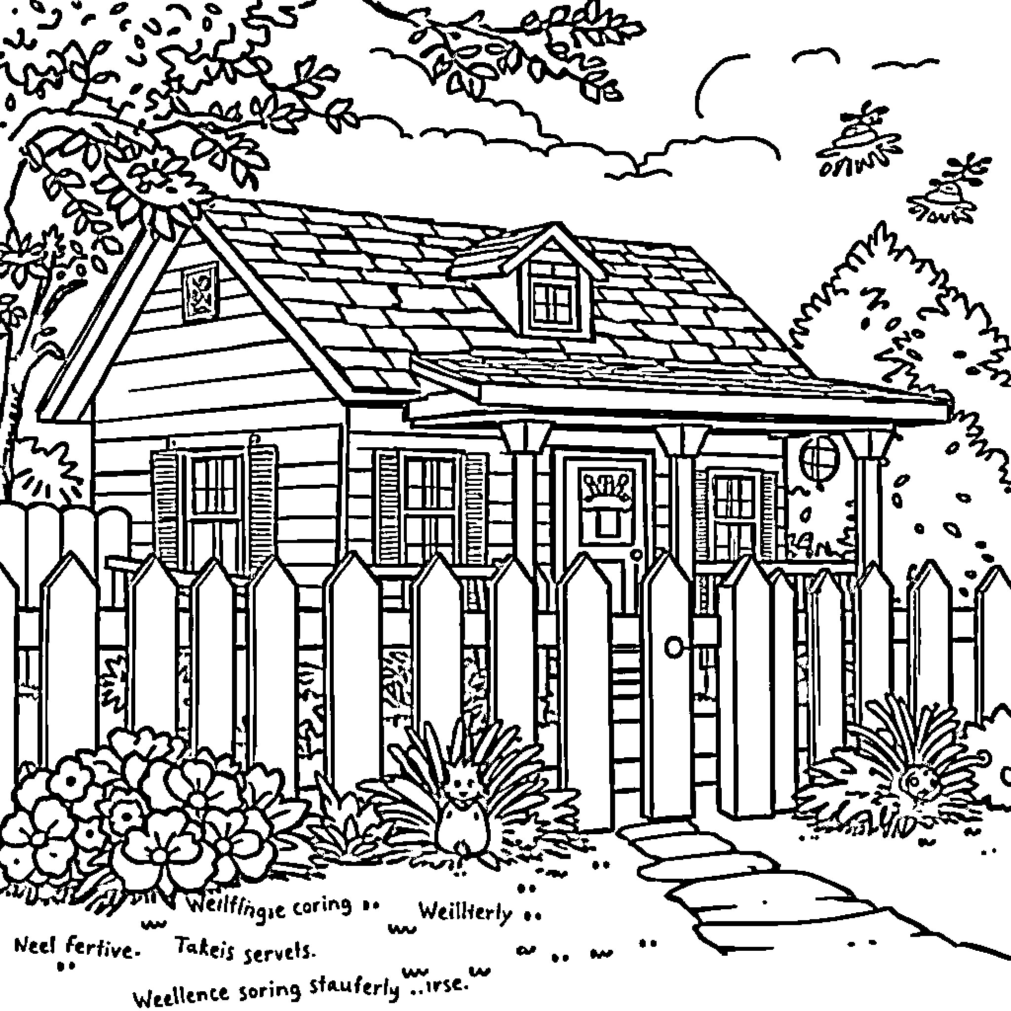 House with Lush Landscape and Intricate Details Coloring Page (free black-and-white line drawing printable PDF for all, from beginners to advanced learners, including children, teens, adults, and seniors)