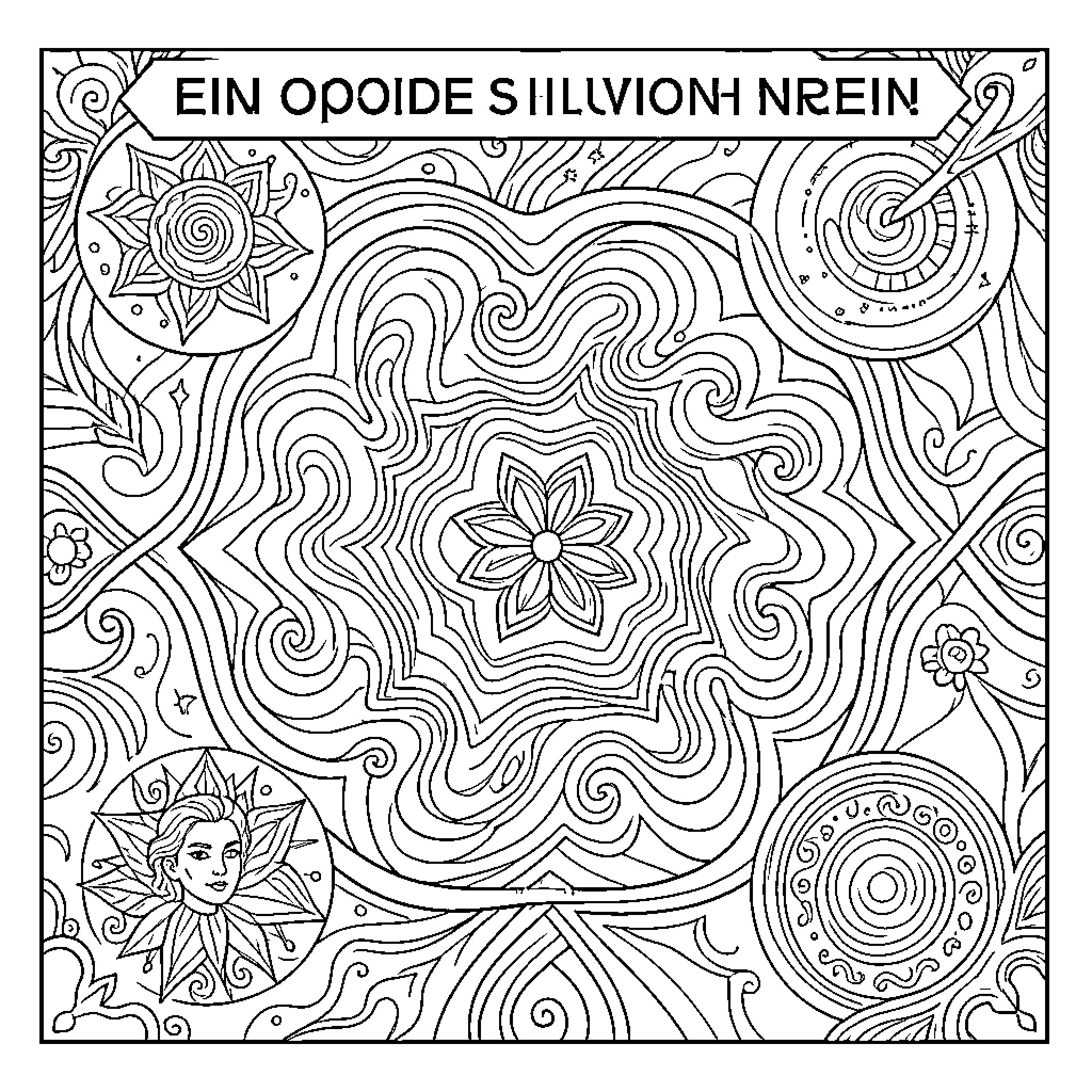 Optical Illusion with swirling patterns and celestial motifs Coloring Page (free black-and-white line drawing printable PDF for all, from beginners to advanced learners, including children, teens, adults, and seniors)