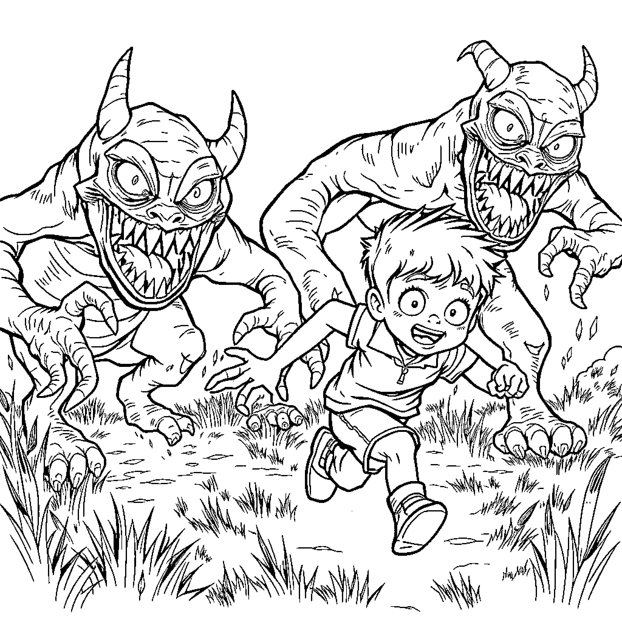 Monster Creatures Chasing Terrified Boy in the Wilderness Coloring Page (free black-and-white line drawing printable PDF for all, from beginners to advanced learners, including children, teens, adults, and seniors)