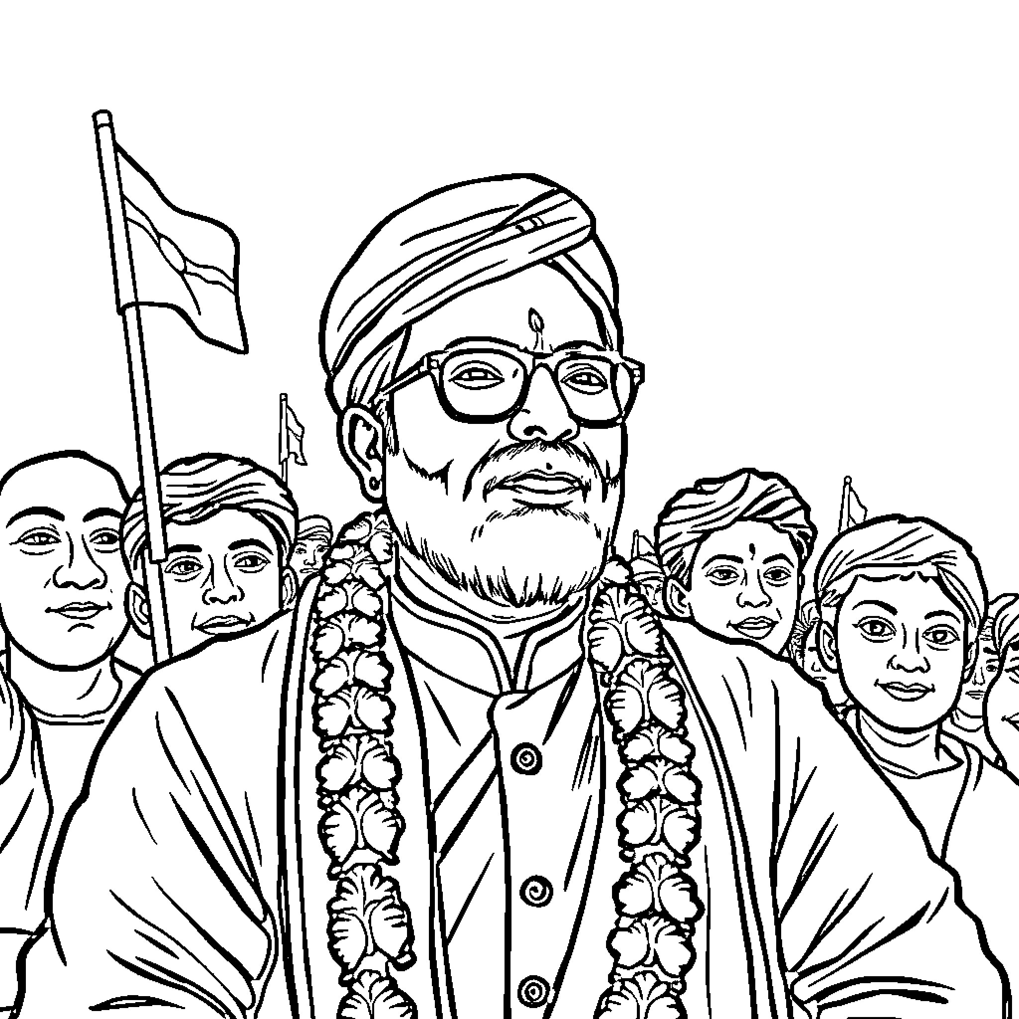 Shivsena supporters with flags and garlands Coloring Page (free black-and-white line drawing printable PDF for all, from beginners to advanced learners, including children, teens, adults, and seniors)