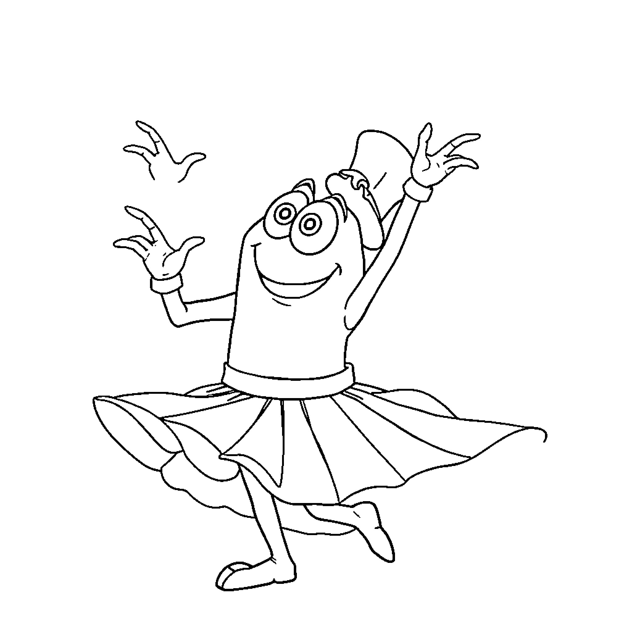 Mike Wazowski dances joyfully in tutu Coloring Page (free black-and-white line drawing printable PDF for all, from beginners to advanced learners, including children, teens, adults, and seniors)
