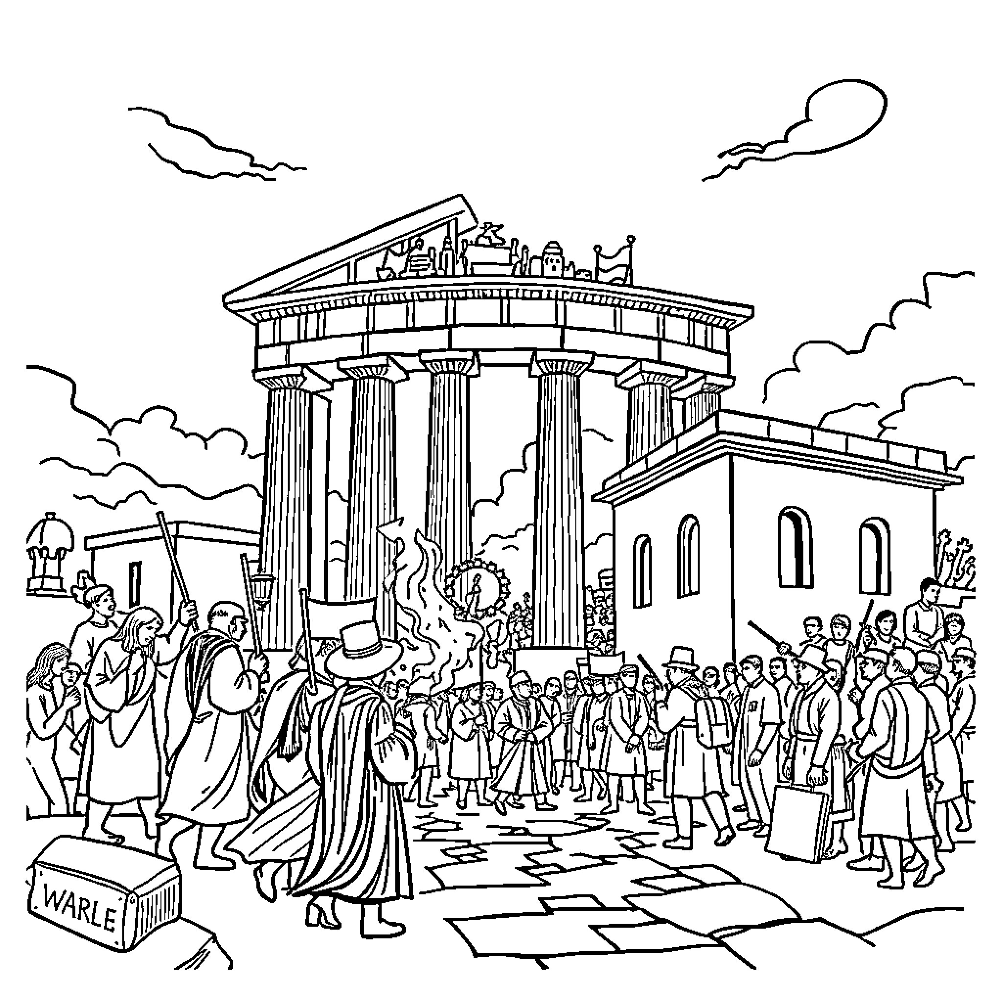 History of Ancient Greek Civilization and Architecture Coloring Page (free black-and-white line drawing printable PDF for all, from beginners to advanced learners, including children, teens, adults, and seniors)