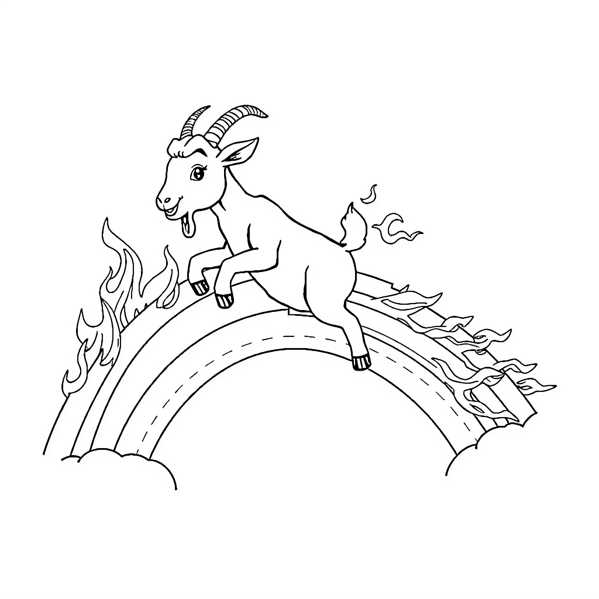 Goat leaping over a rainbow Coloring Page (free black-and-white line drawing printable PDF for all, from beginners to advanced learners, including children, teens, adults, and seniors)