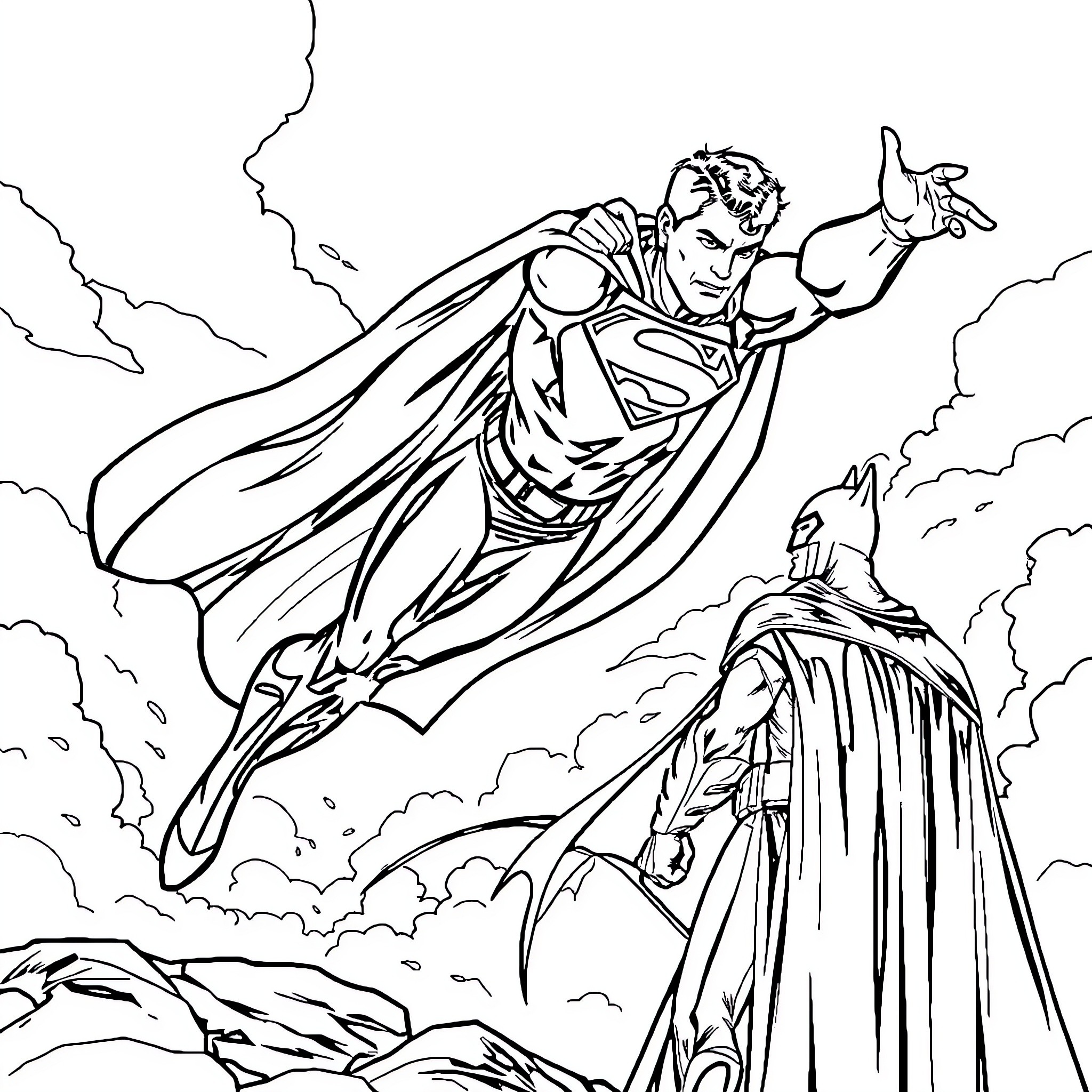 Superman heroically soaring through the skies Coloring Page (free black-and-white line drawing printable PDF for all, from beginners to advanced learners, including children, teens, adults, and seniors)