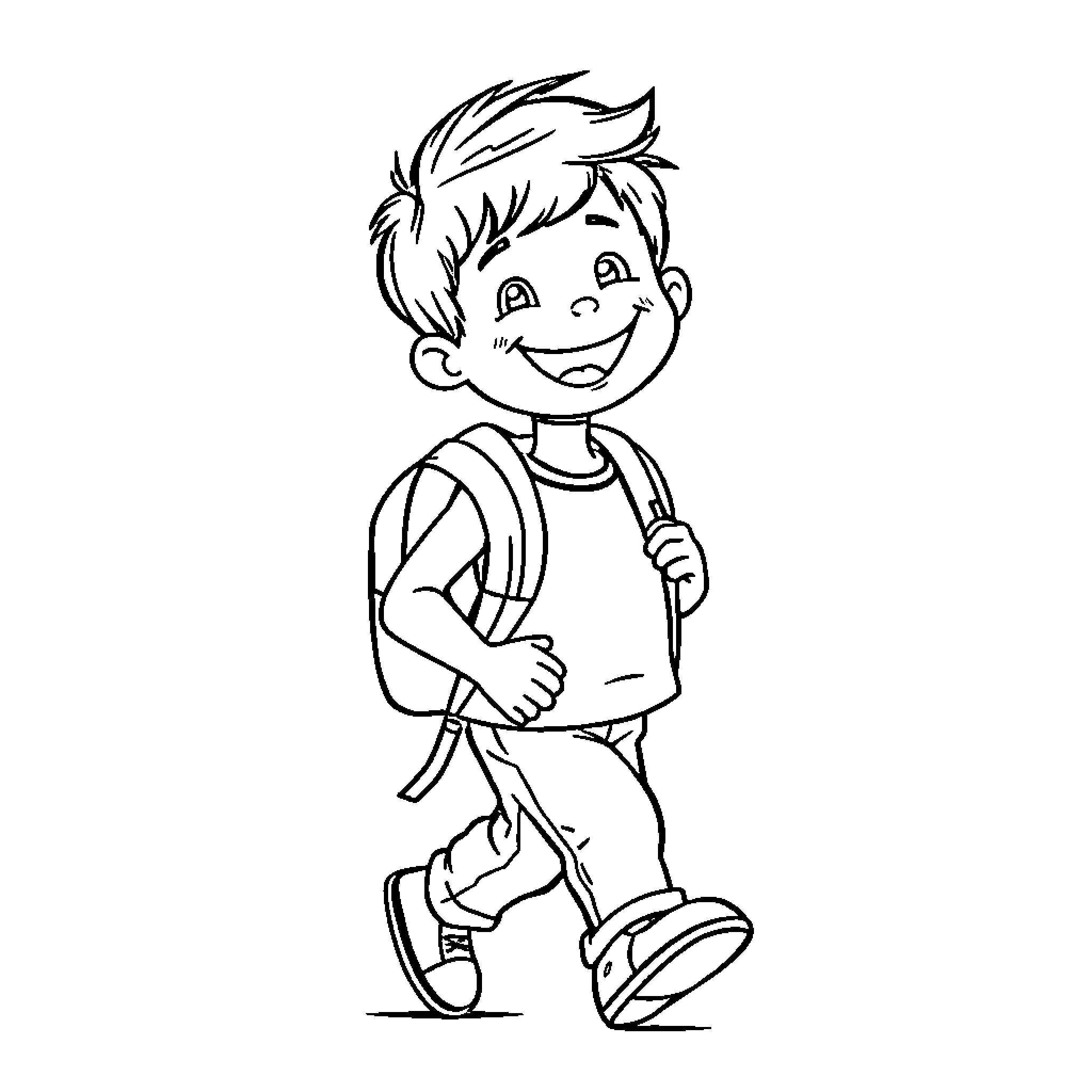 Child walking with backpack and smiling Coloring Page (free black-and-white line drawing printable PDF for all, from beginners to advanced learners, including children, teens, adults, and seniors)