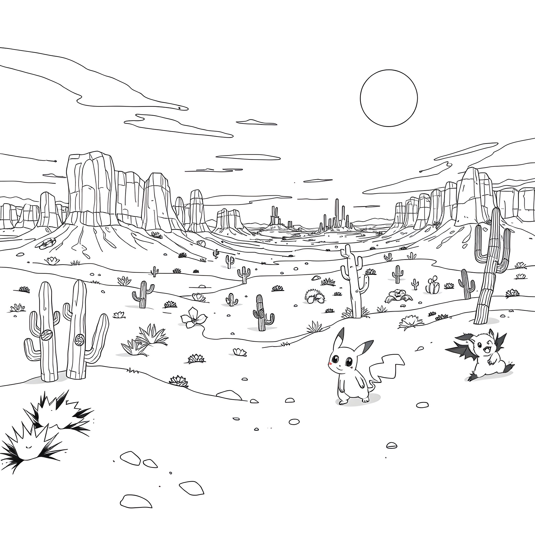 Pokémon exploring the desert landscape Coloring Page (free black-and-white line drawing printable PDF for all, from beginners to advanced learners, including children, teens, adults, and seniors)