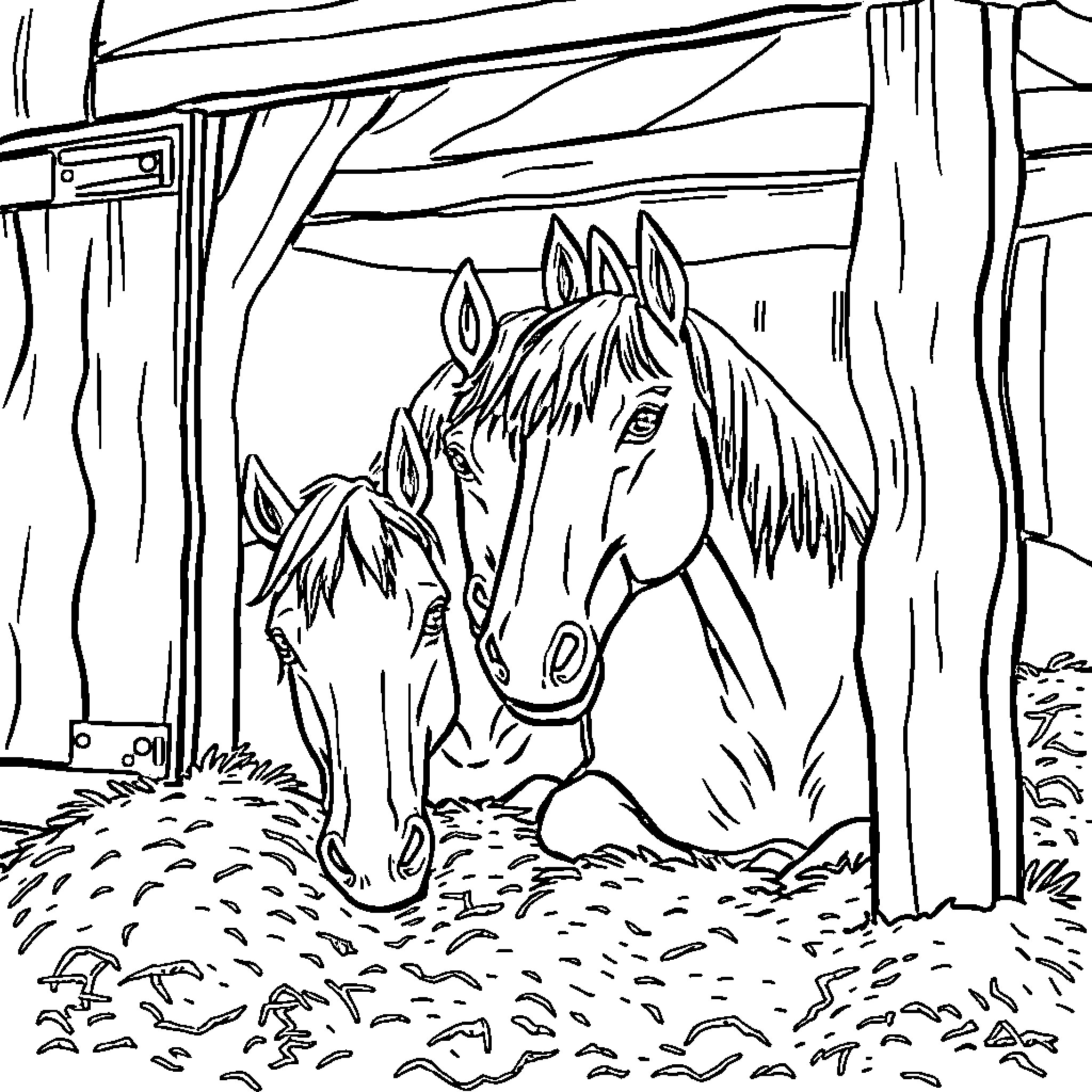 Horse resting in a stable with a companion Coloring Page (free black-and-white line drawing printable PDF for all, from beginners to advanced learners, including children, teens, adults, and seniors)