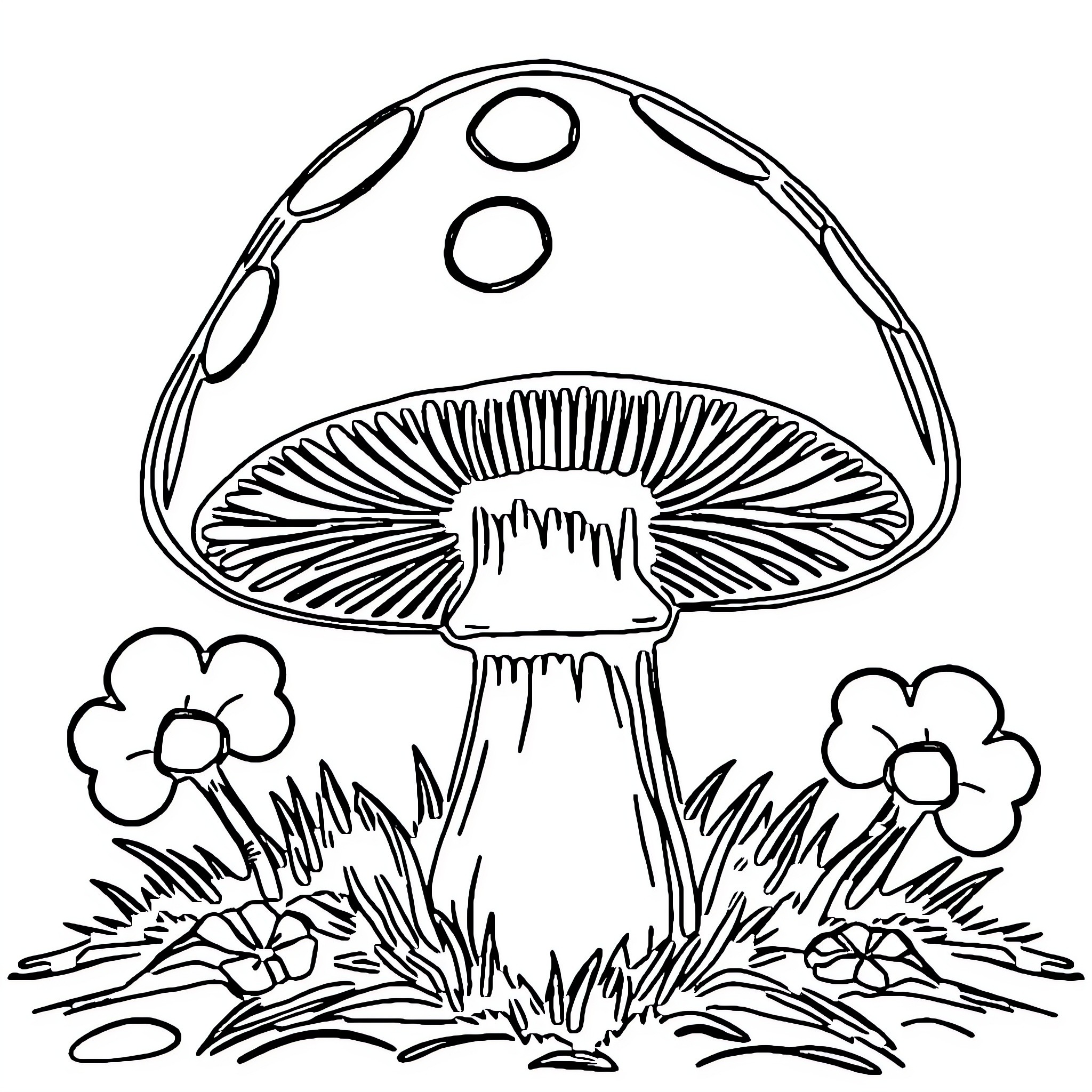 Mushroom growing in a serene forest scene Coloring Page (free black-and-white line drawing printable PDF for all, from beginners to advanced learners, including children, teens, adults, and seniors)