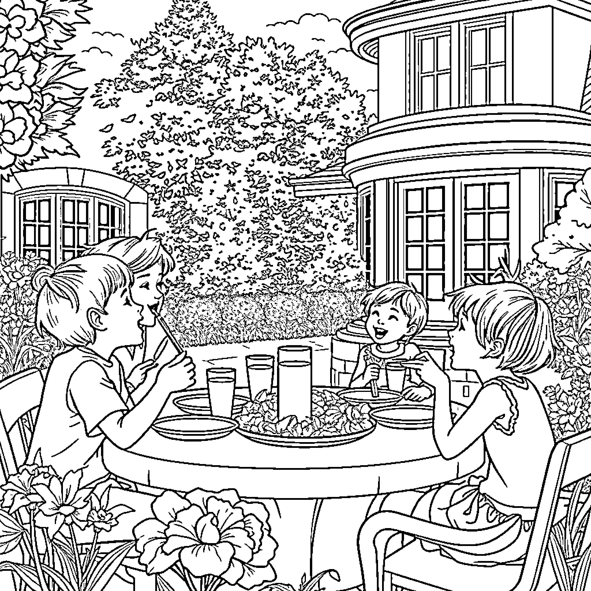 Family Enjoying Outdoor Gathering in Lush Garden Coloring Page (free black-and-white line drawing printable PDF for all, from beginners to advanced learners, including children, teens, adults, and seniors)