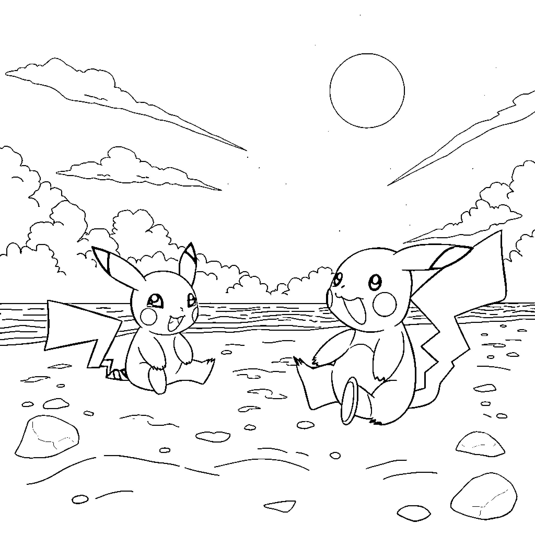 Pokémon characters in a natural landscape Coloring Page (free black-and-white line drawing printable PDF for all, from beginners to advanced learners, including children, teens, adults, and seniors)