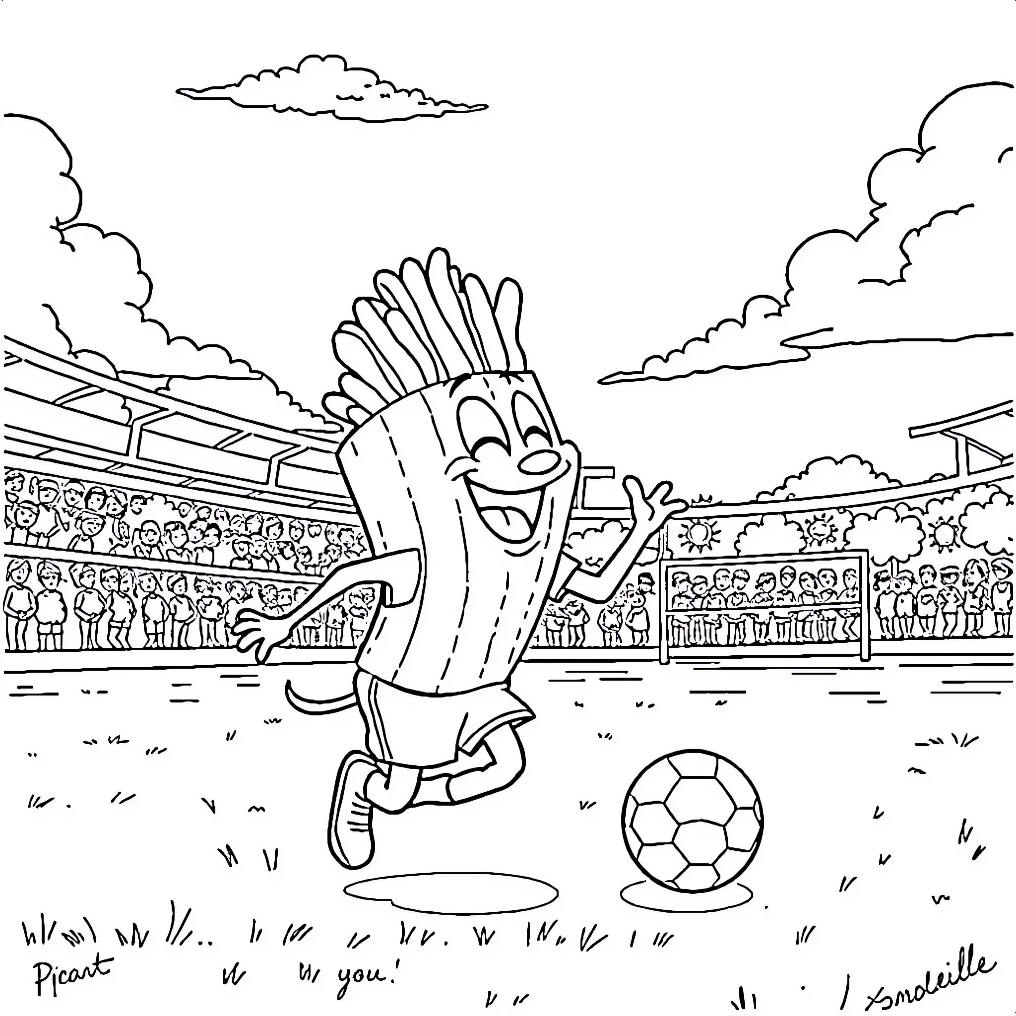 Frite the Soccer Star Celebrates on the Field Coloring Page (free black-and-white line drawing printable PDF for all, from beginners to advanced learners, including children, teens, adults, and seniors)